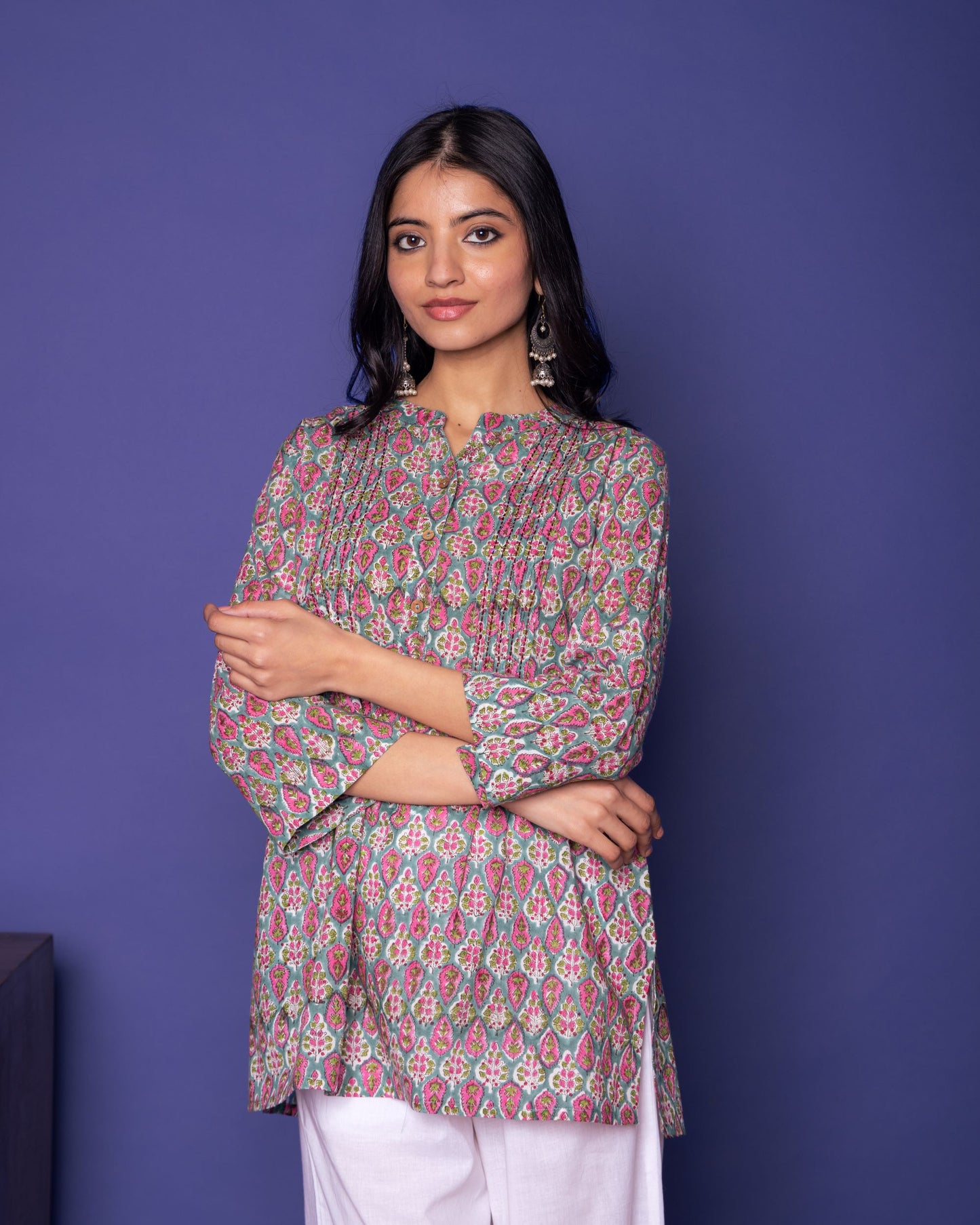 Green Cotton Collar Handblock Short Top For Women's