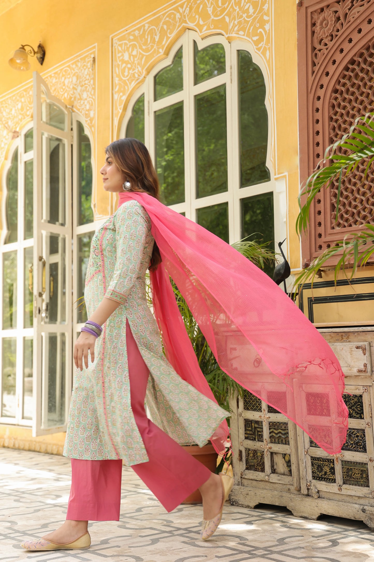 Light Pista Green Handblock Printed Kurta For Women's