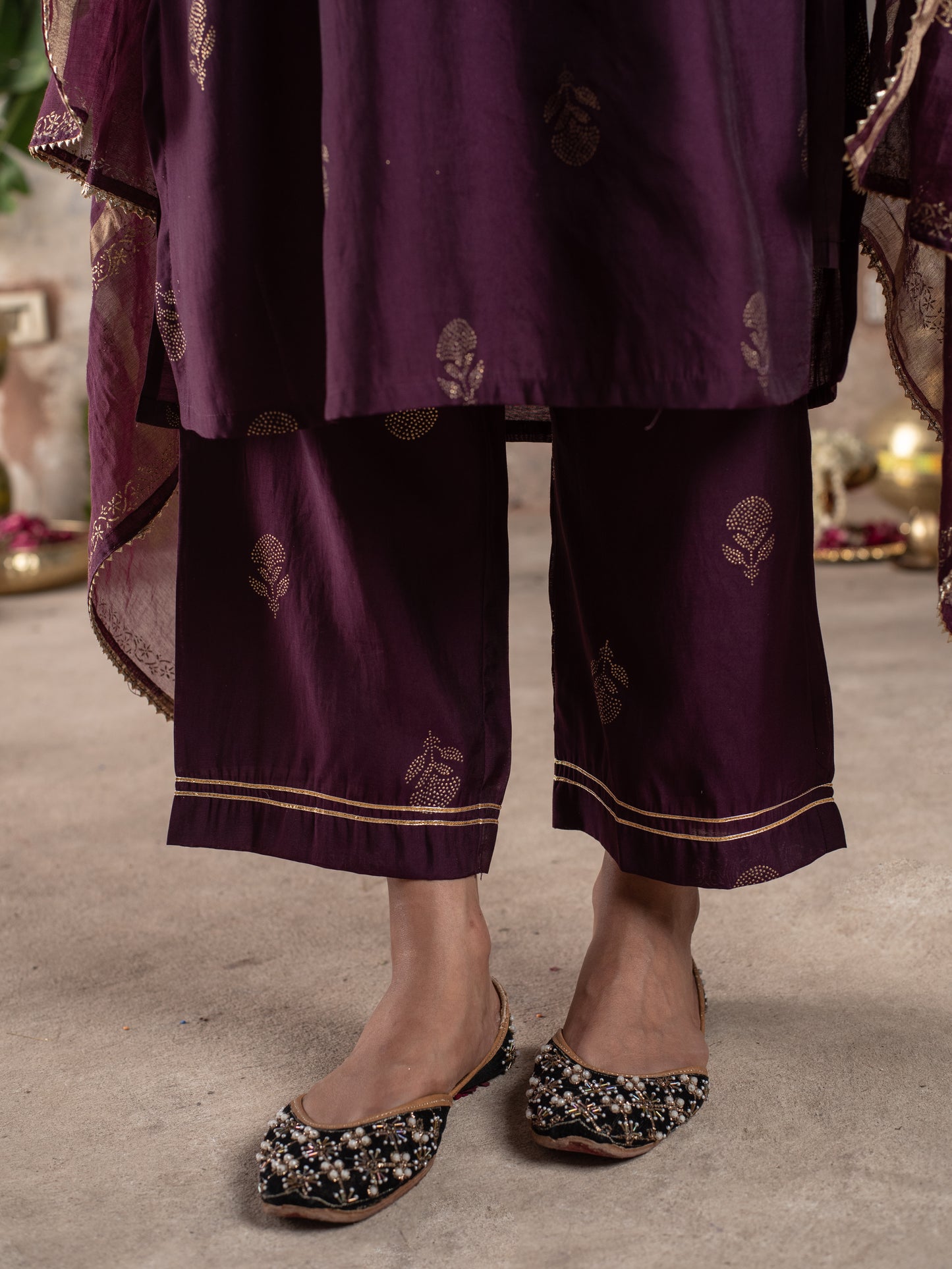 BRINJAL CHANDERI ROUND WITH V-CUT KURTA ALL OVER HIGHLIGHTED WITH ROGAN GOLD WORK FULL