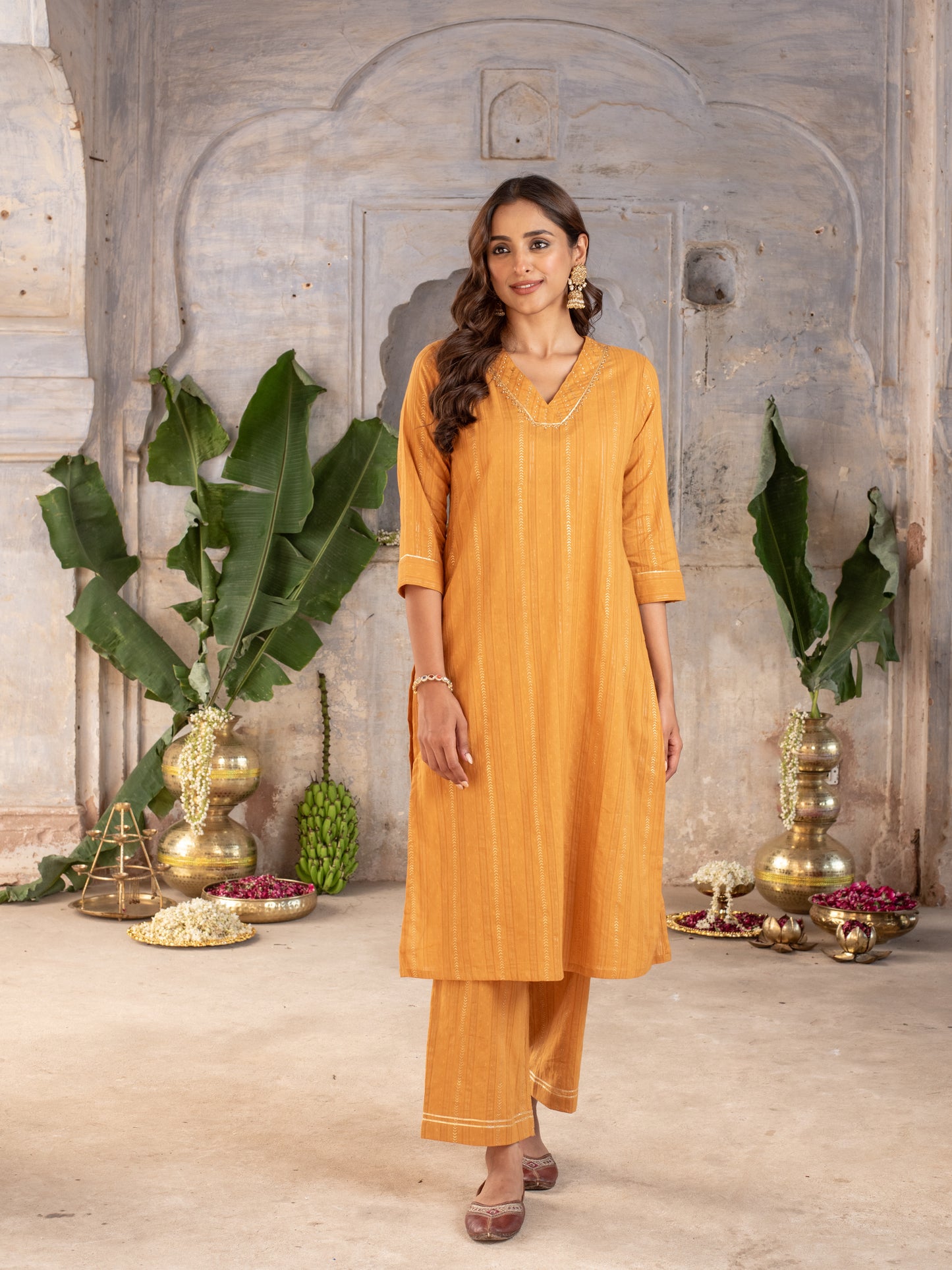MUSTERD COTTON DOBBY V NECK BEADS WORK WITH GOTA KURTA PANT SET