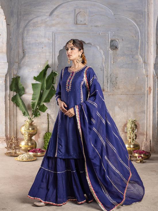 Purplish Blue Chanderi Round Neck Kurta Skirt with Dupatta Set For Women's