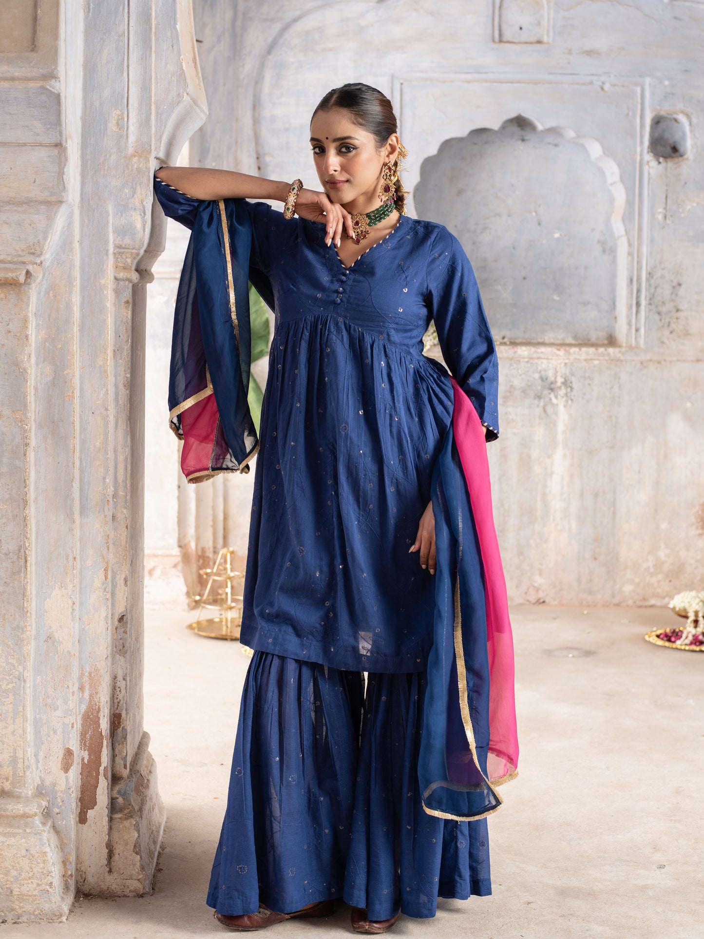 Royal Blue Cotton Complete Suit Set For Women's