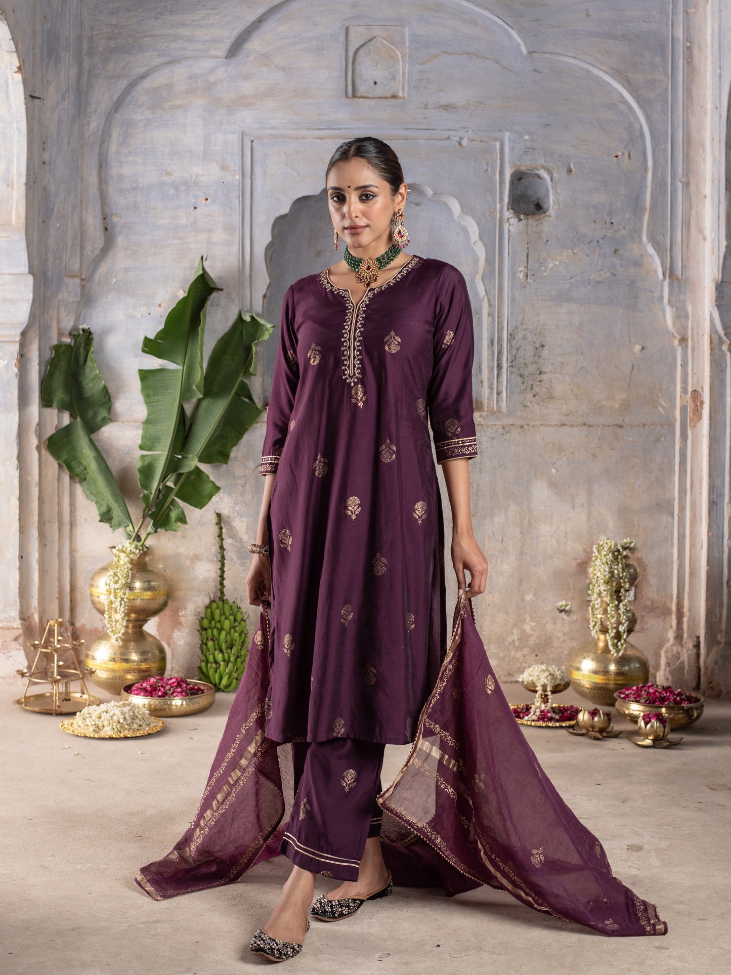 BRINJAL CHANDERI ROUND WITH V-CUT KURTA ALL OVER HIGHLIGHTED WITH ROGAN GOLD WORK FULL