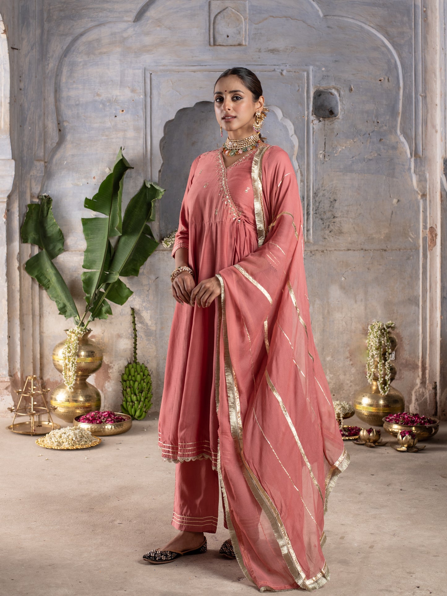 PEACH MUSLIN SILK ANGRAKHA NECK GOTA DORIYA DUPATTA FULL SET