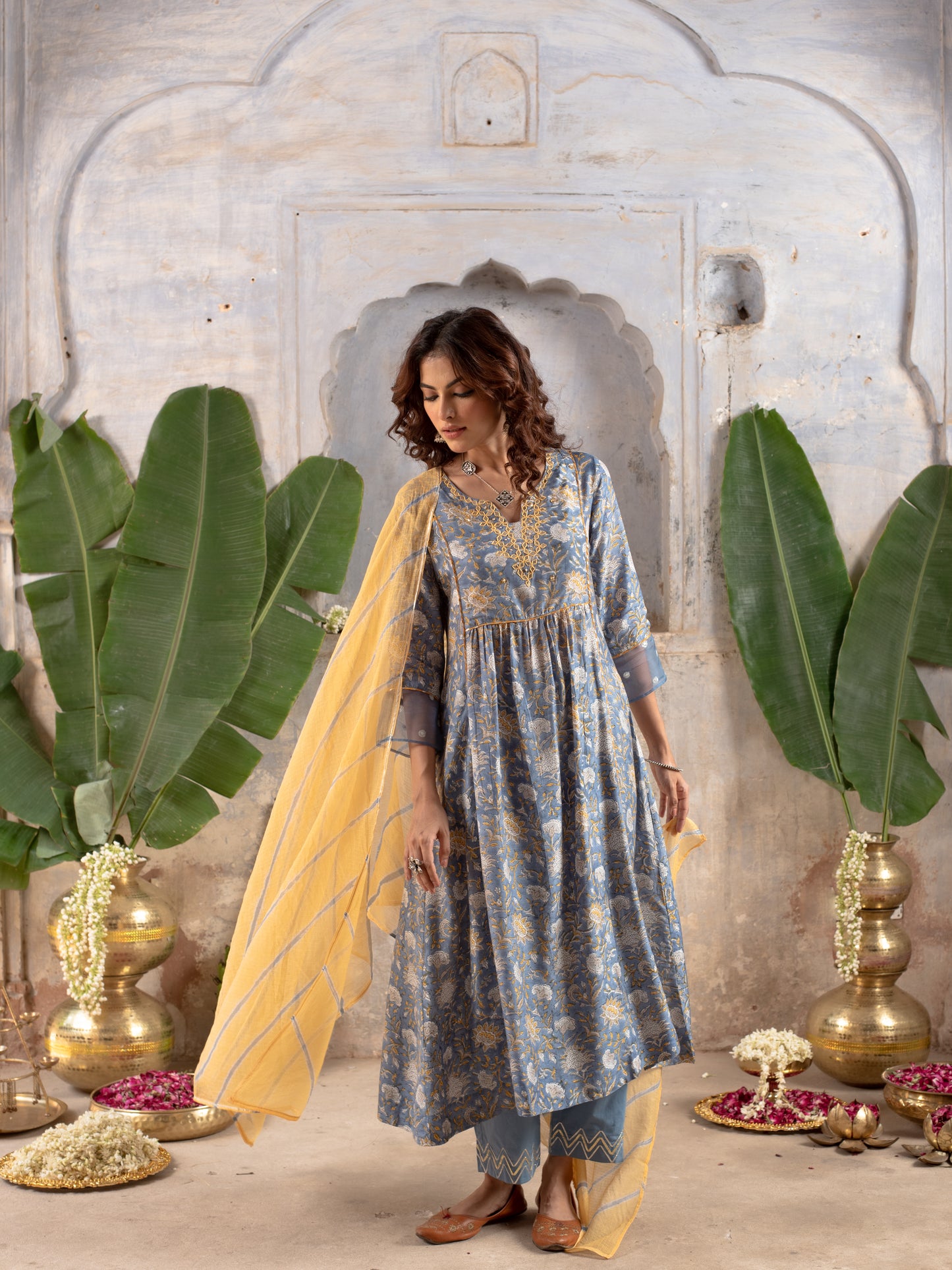 BLUE KURTA PALAZZO MODAL WITH ROUND NECK FULL SET