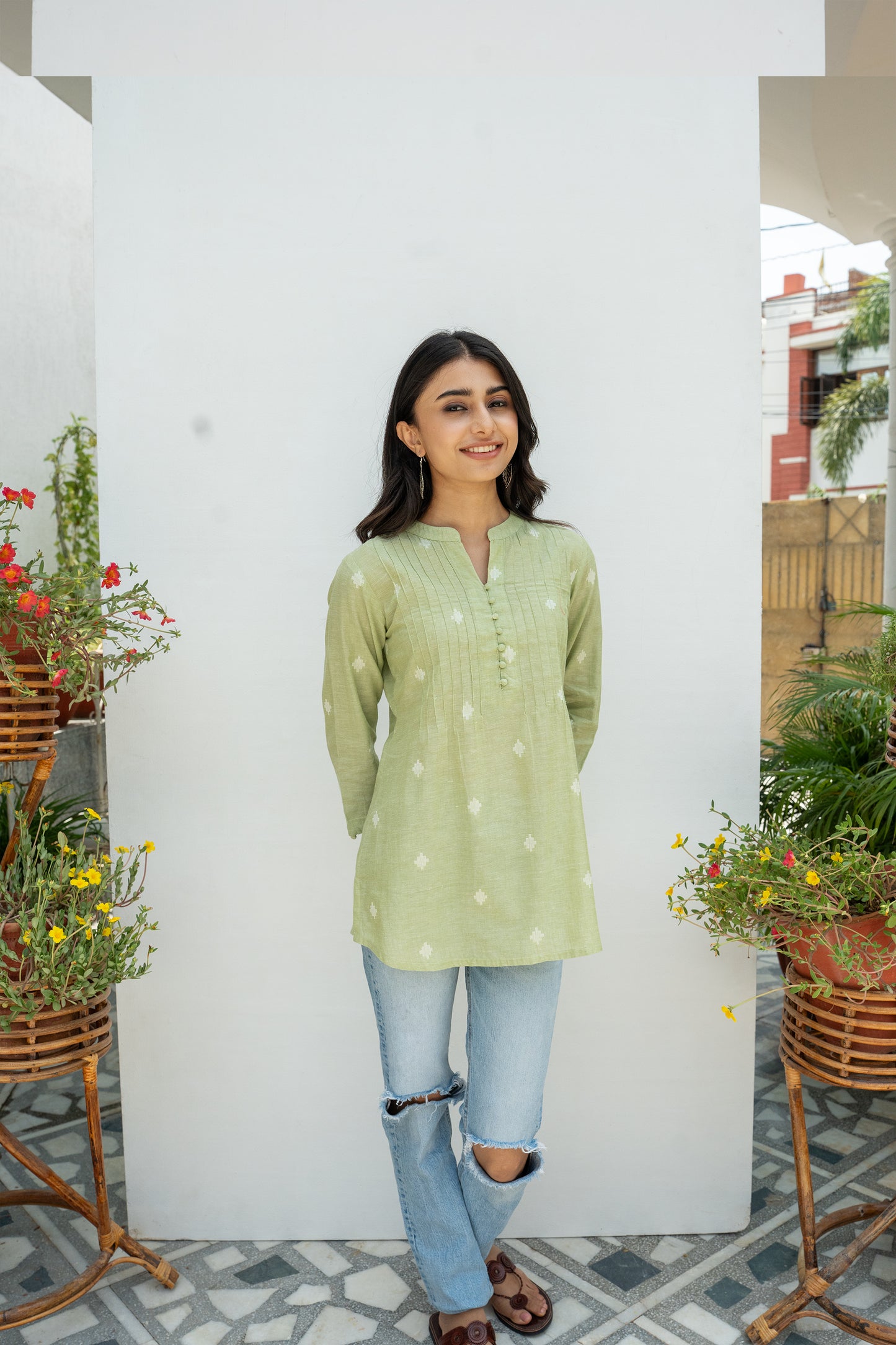 Pastel Green Hnadloom Cotton Short Kurti For Women's