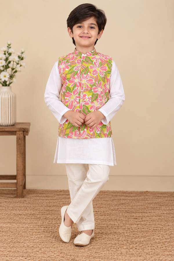 White Kurta and Multicolor Jacket