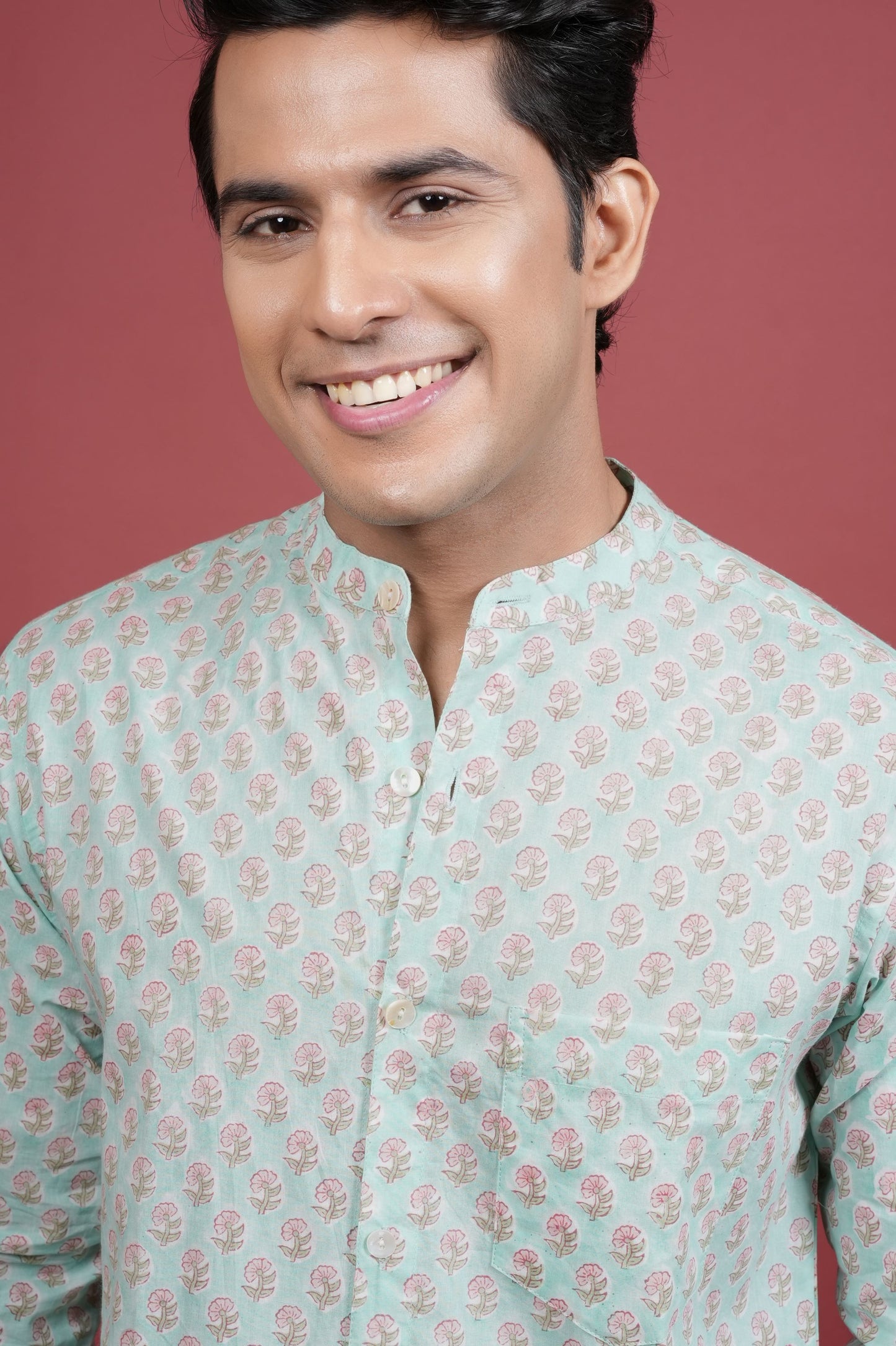 SEA GREEN COTTON CHINESE HANDBLOCK SHIRT FOR MEN'S