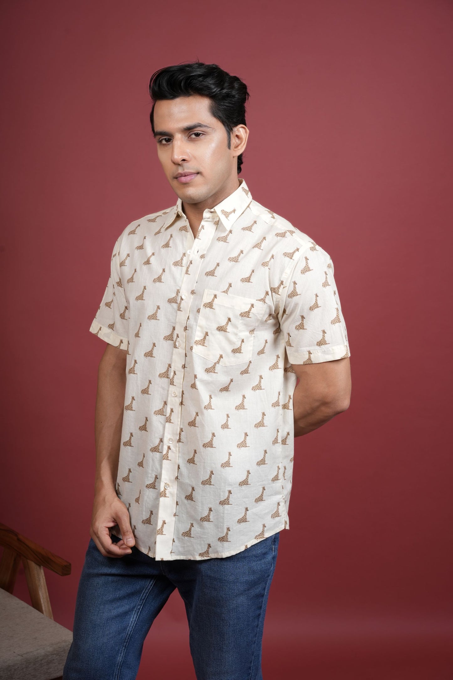 CREAM COTTON COLLAR NECK GIRAFFE PRINT SHIRT FOR MEN'S