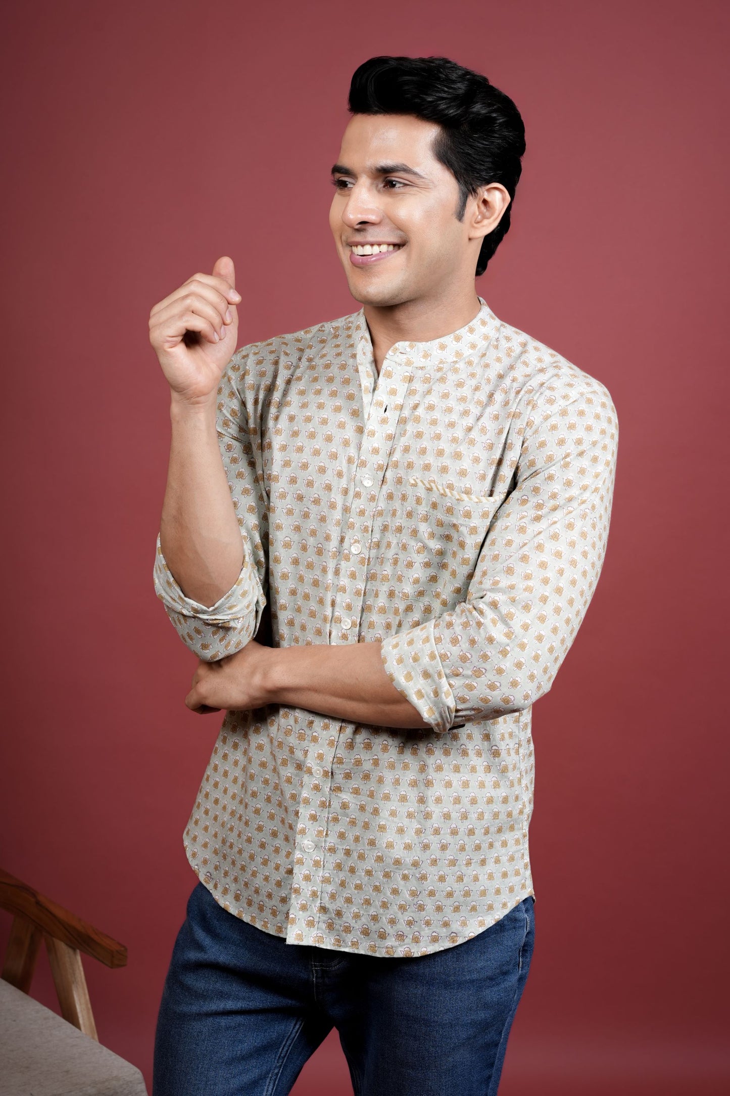 Pista Green Chinese Collar Handblock Printed Shirt For Men's