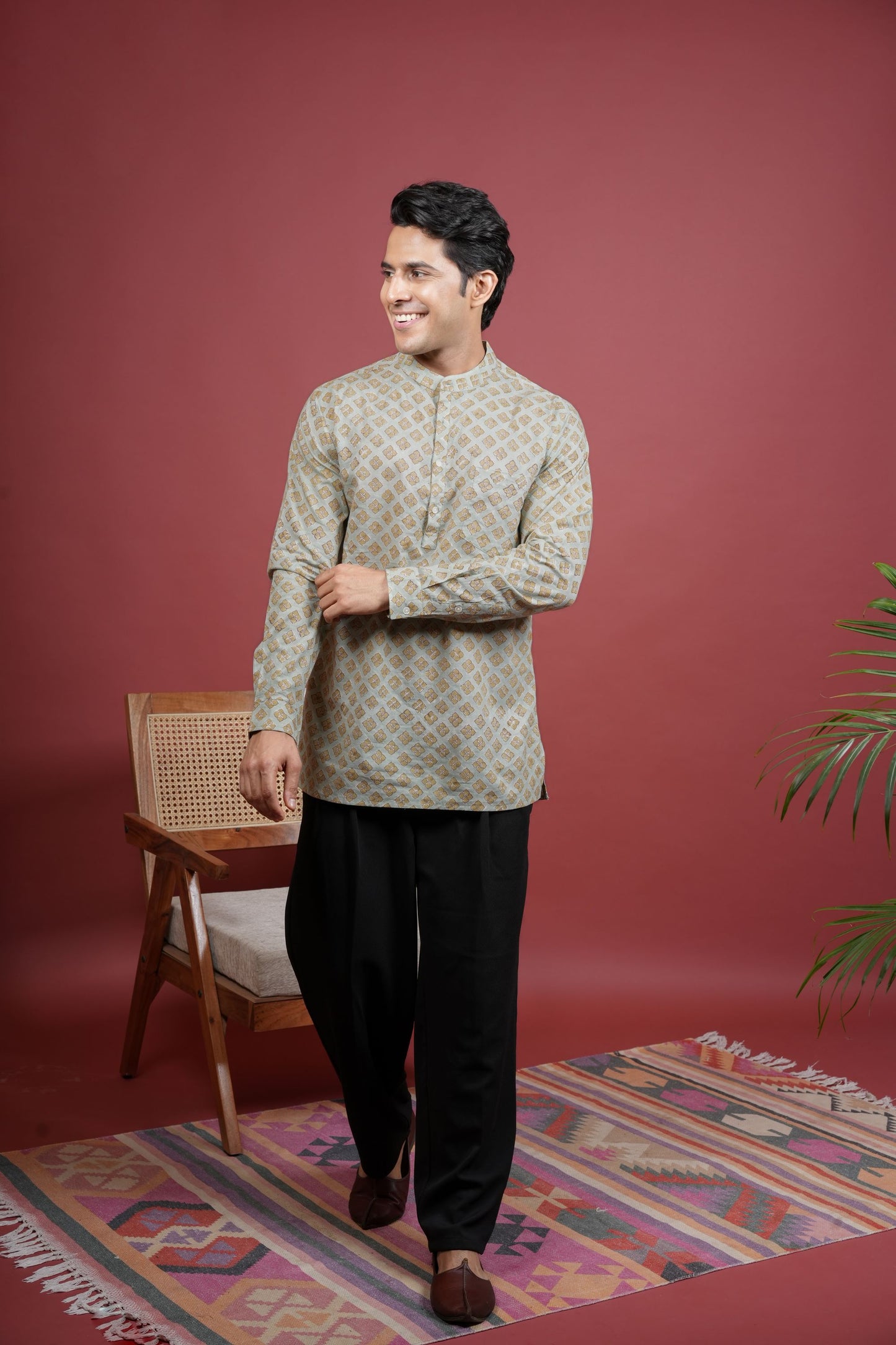 PISTA GREEN Chinese collar HANDBLOCK SHIRT FOR MEN'S