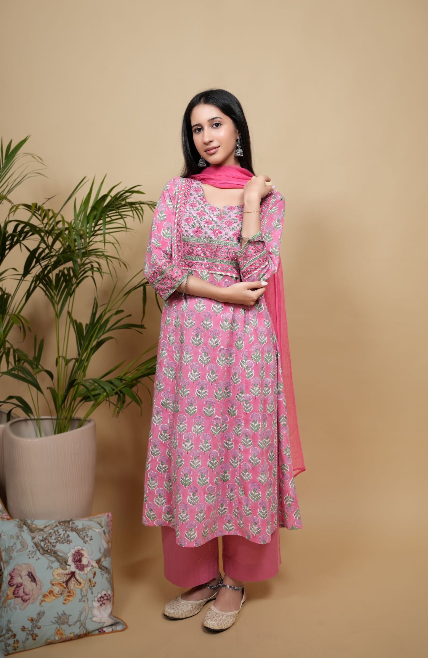 Pink Cotton Handblock Printed Mirror & Sequence Work Round with V-Neck Women's Kurta