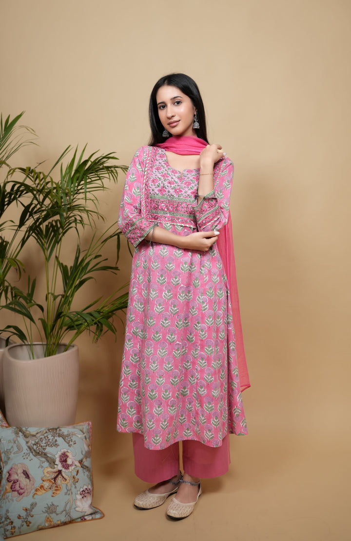 Pink Cotton Handblock Printed Mirror & Sequence Work Round with V-Neck Women's Kurta