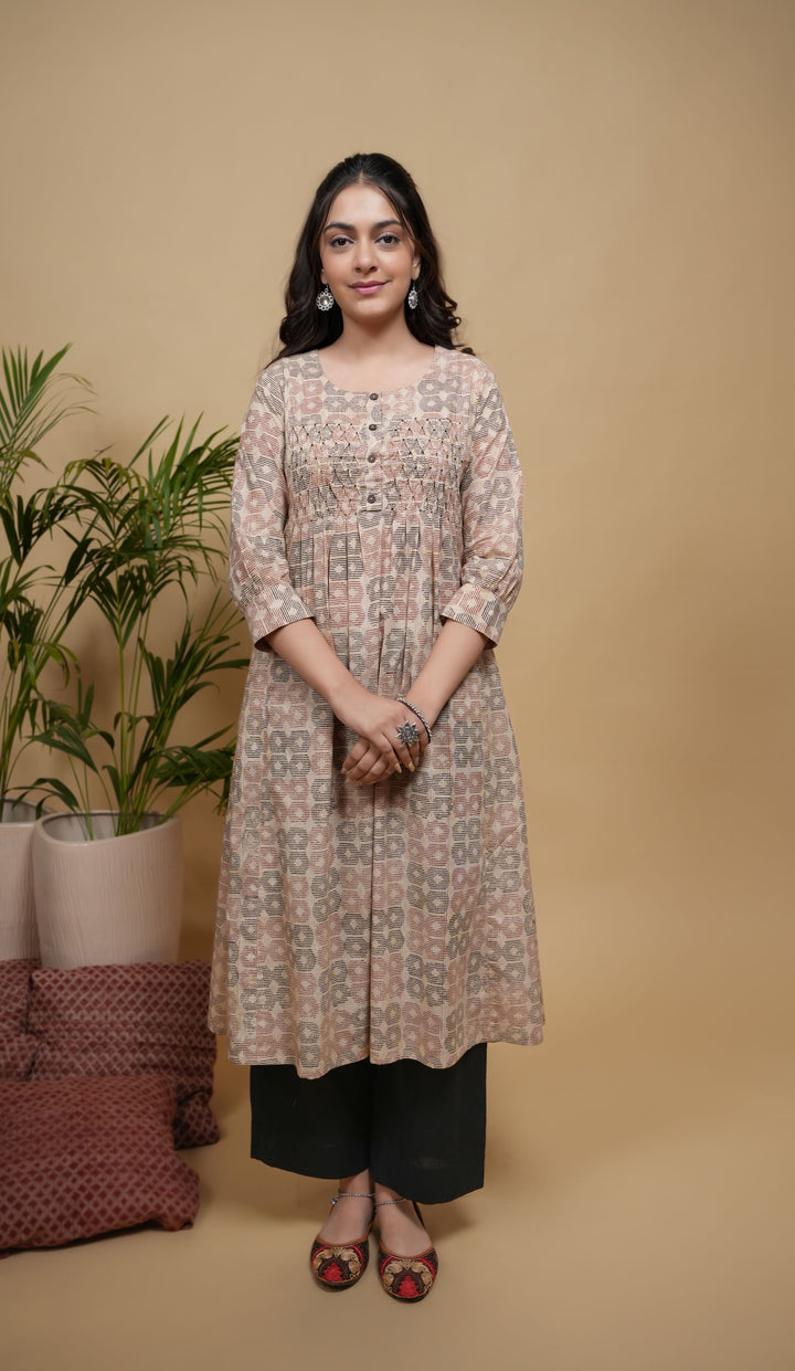 Beige Cotton Handblock Printed Wooden Button & Sequence Work Round Neck Women's Kurta