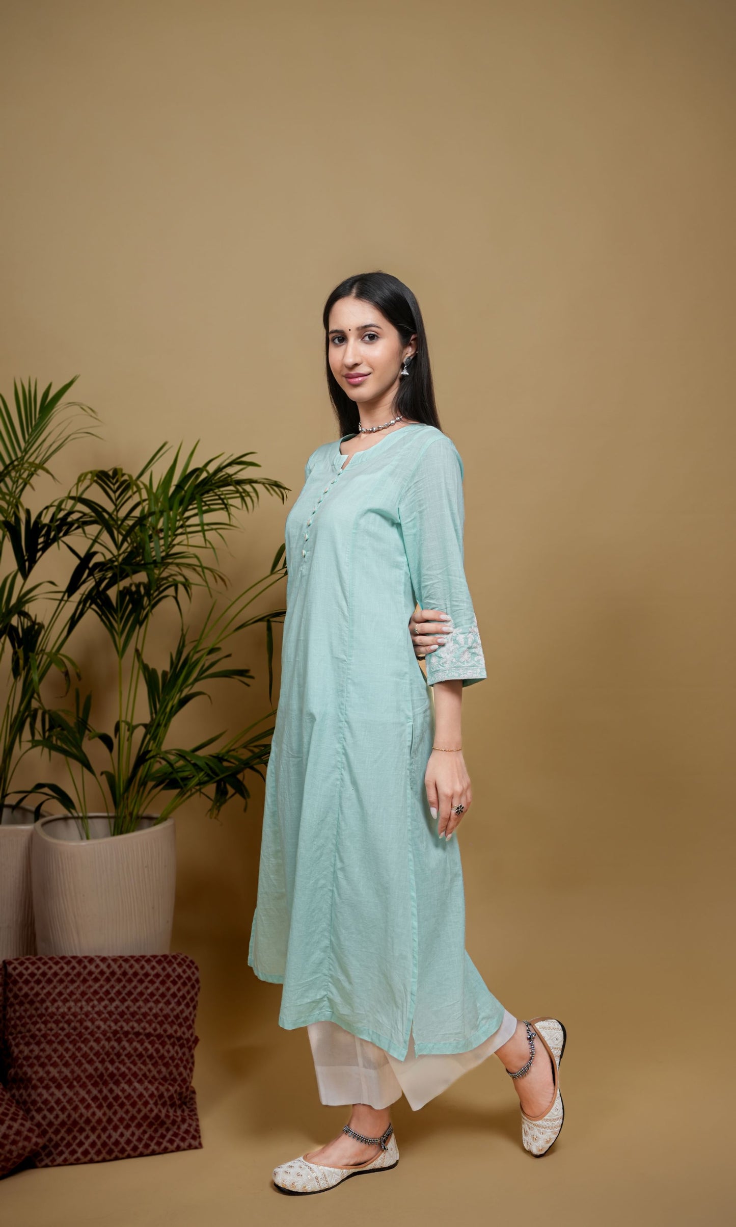 Light Blue Cotton Slub Round Neck Kurta For Women's