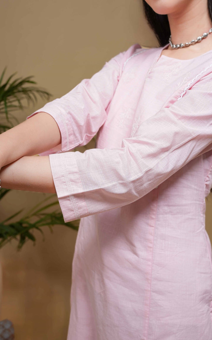 Baby Pink Cotton Round and V-Neck with White Floral Embroidery Kurta For Women's