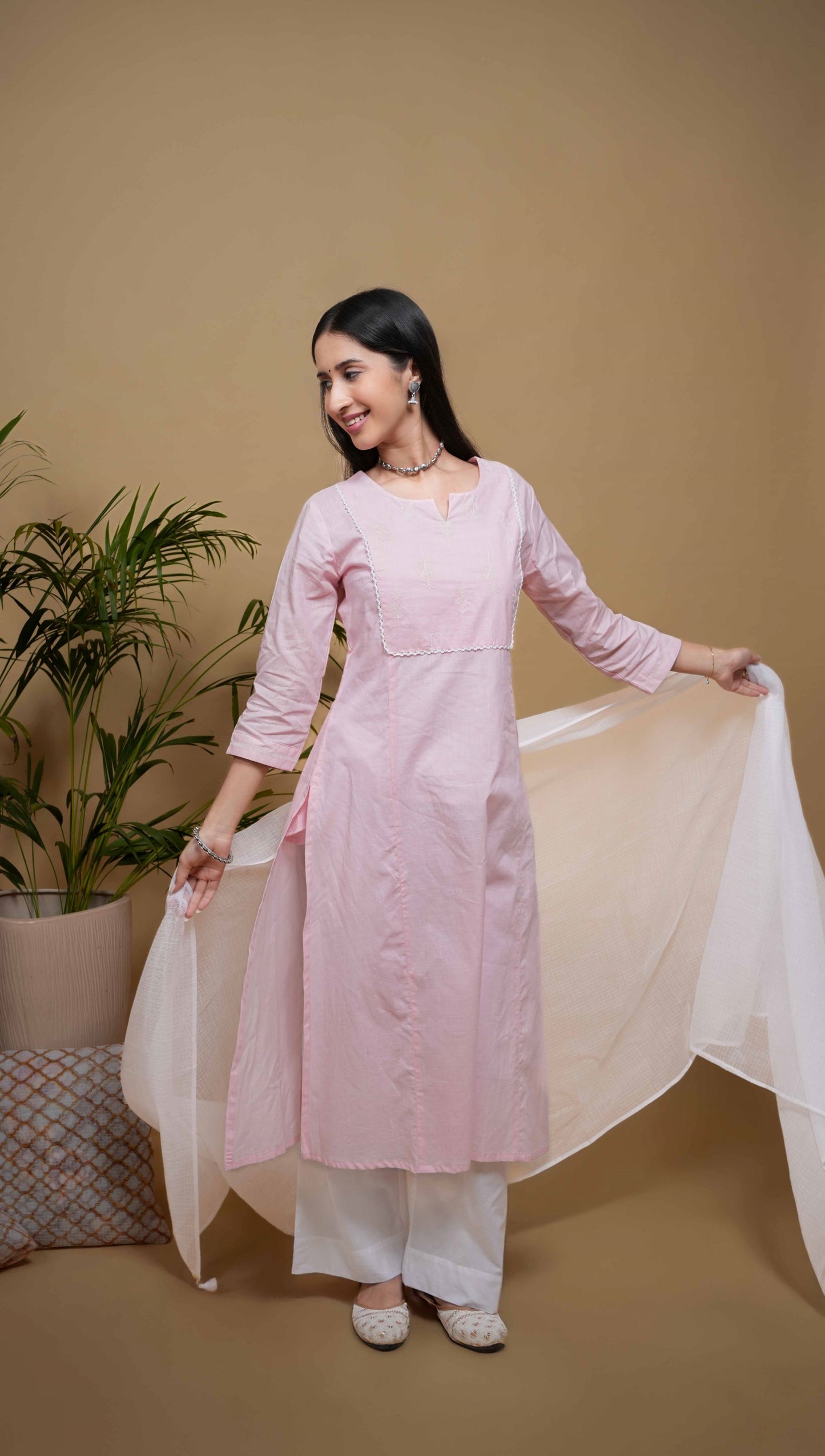 Baby Pink Cotton Round and V-Neck with White Floral Embroidery Kurta For Women's