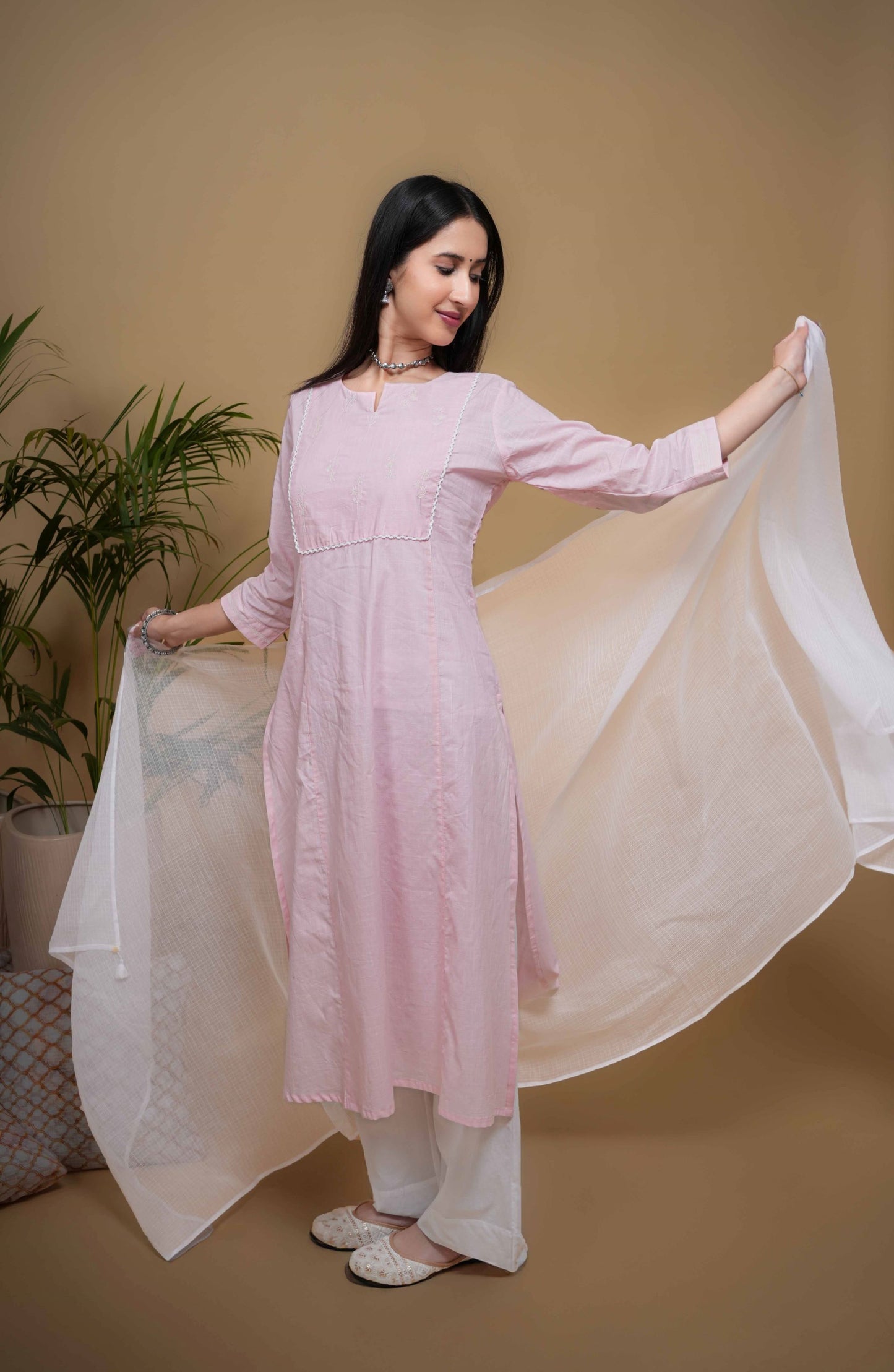 Baby Pink Cotton Round and V-Neck with White Floral Embroidery Kurta For Women's