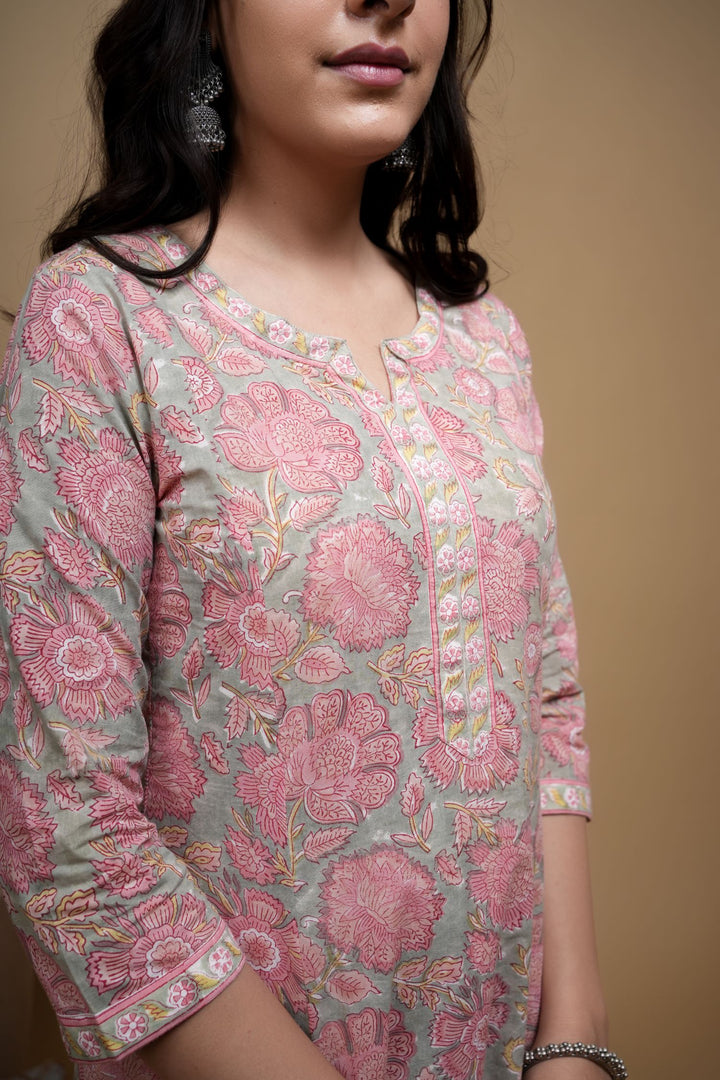 Mint Green & Pink Cotton Hand Block Border Work Round with V-Neck Women's Kurta