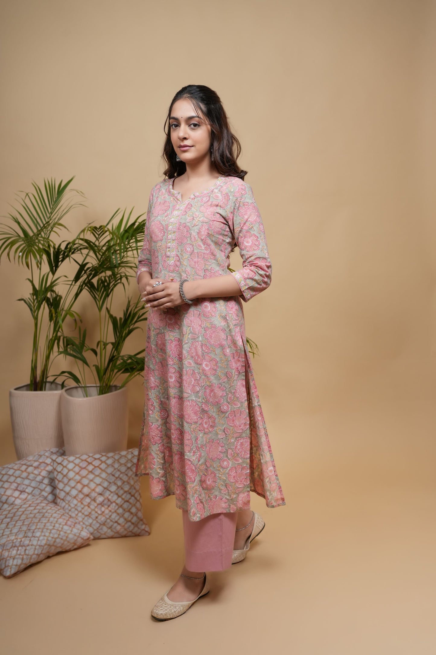 Mint Green & Pink Cotton Hand Block Border Work Round with V-Neck Women's Kurta