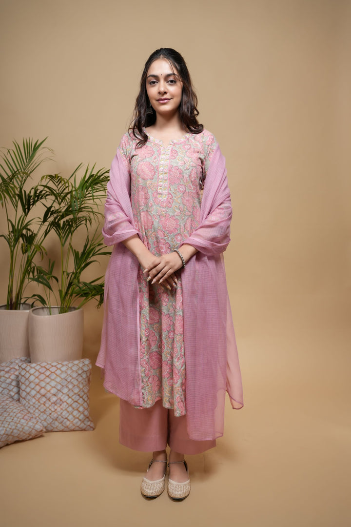 Mint Green & Pink Cotton Hand Block Border Work Round with V-Neck Women's Kurta