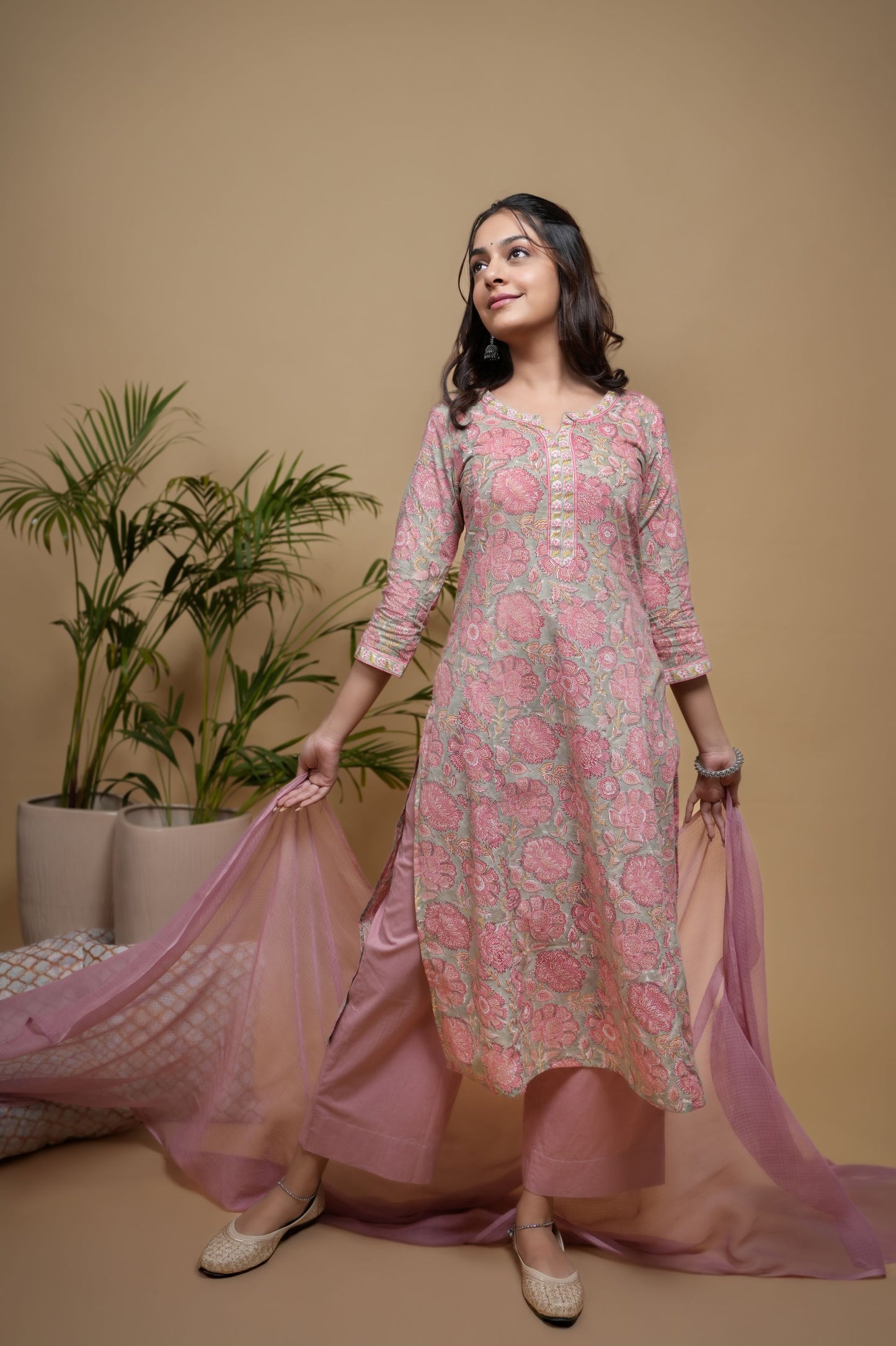 Mint Green & Pink Cotton Hand Block Border Work Round with V-Neck Women's Kurta
