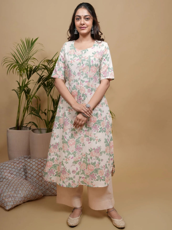 Skin Cotton Round Floral Print Kurta For Women's
