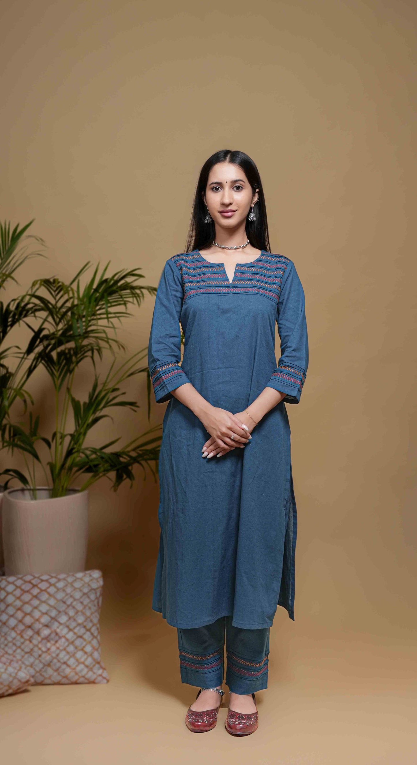 Blue Cotton Flax Kurta Pant Set For Women's