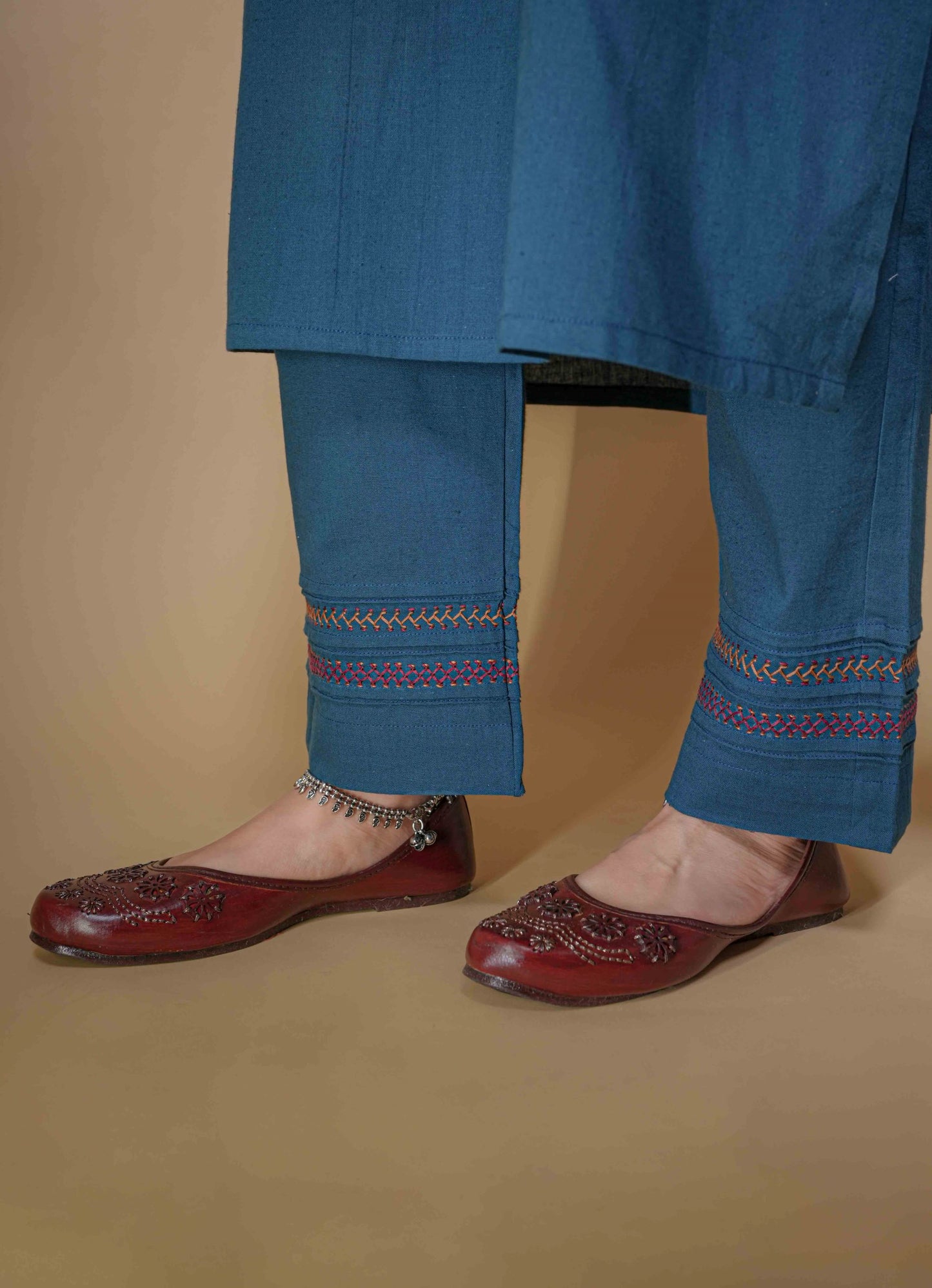 Blue Cotton Flax Kurta Pant Set For Women's