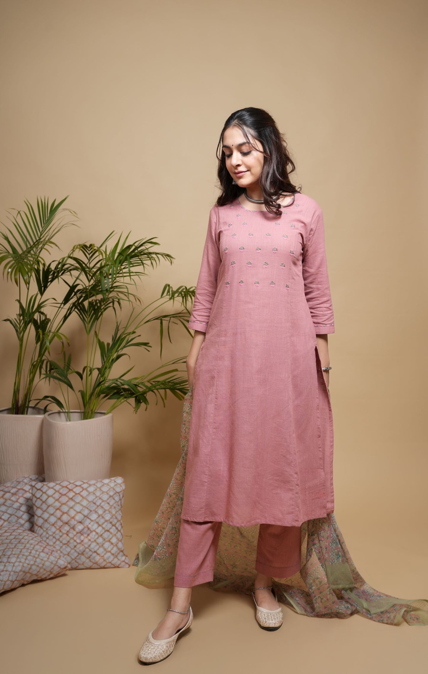 Peach Cotton Slub Round Neck Kurta Pant Set