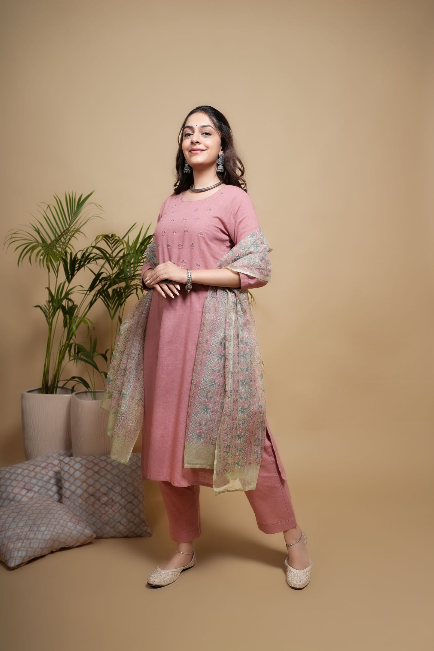 Peach Cotton Slub Round Neck Kurta Pant Set