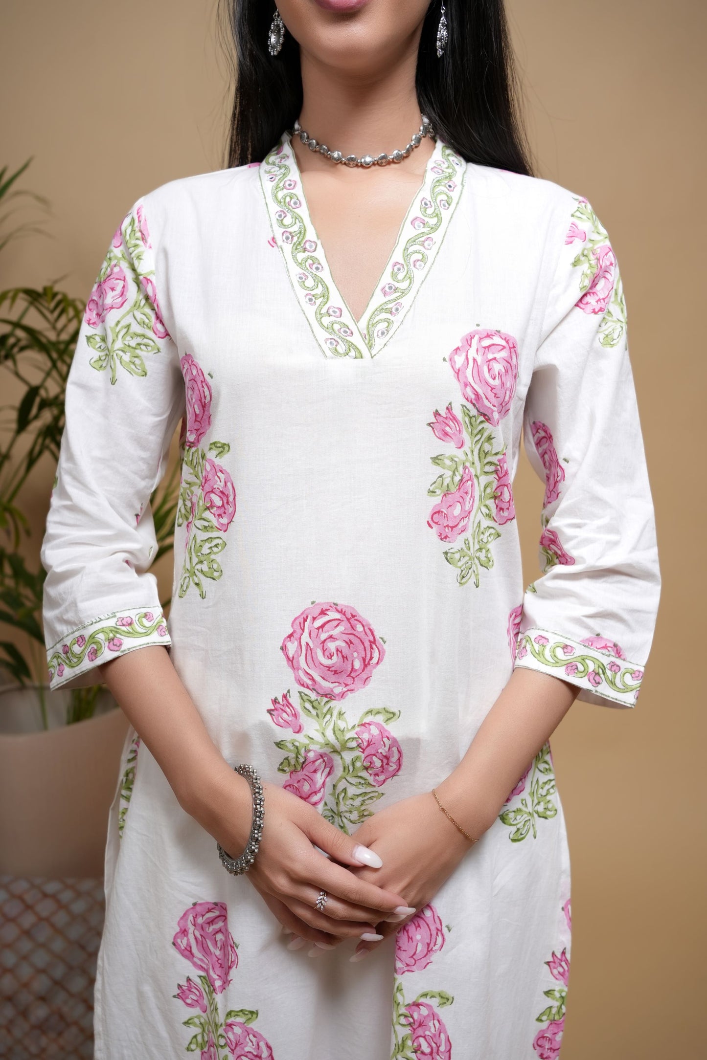 White Cotton Handblock Printed Zari Work V-Neck Women's Kurta