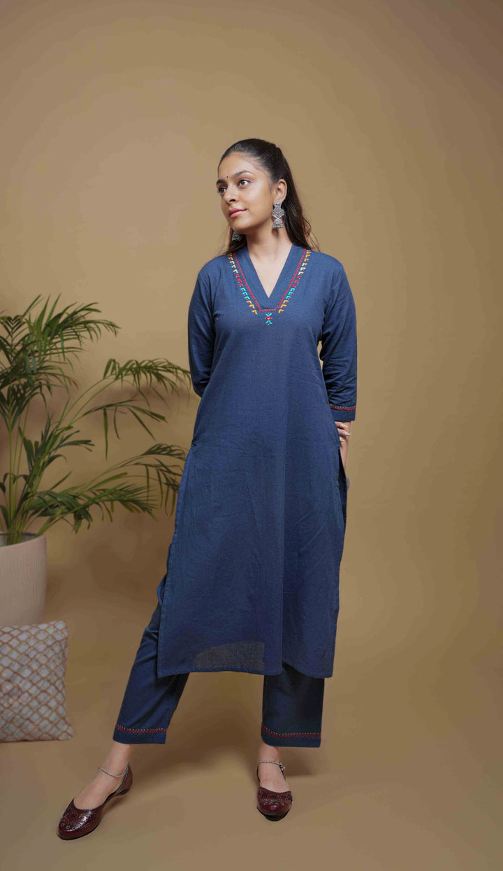 Indigo Cotton V-Neck Kurta-Pant Set For Women's