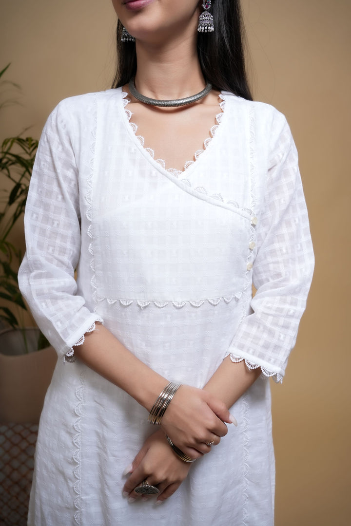 White Cotton Dobby Button & Lace Work Angrakha Neck Women's Kurta