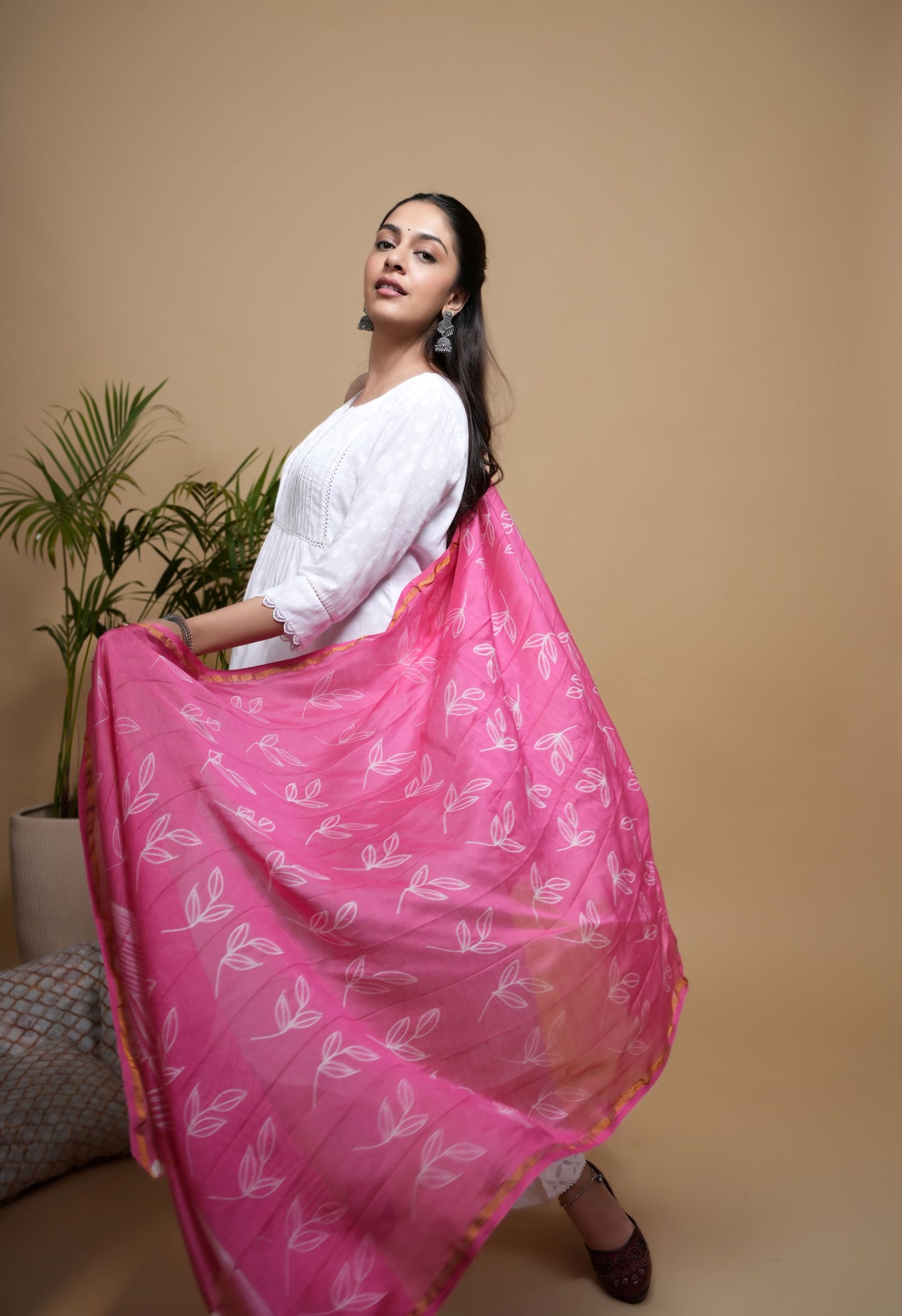 White Cotton Dobby Lace Work Round with V-Neck Women's Kurta