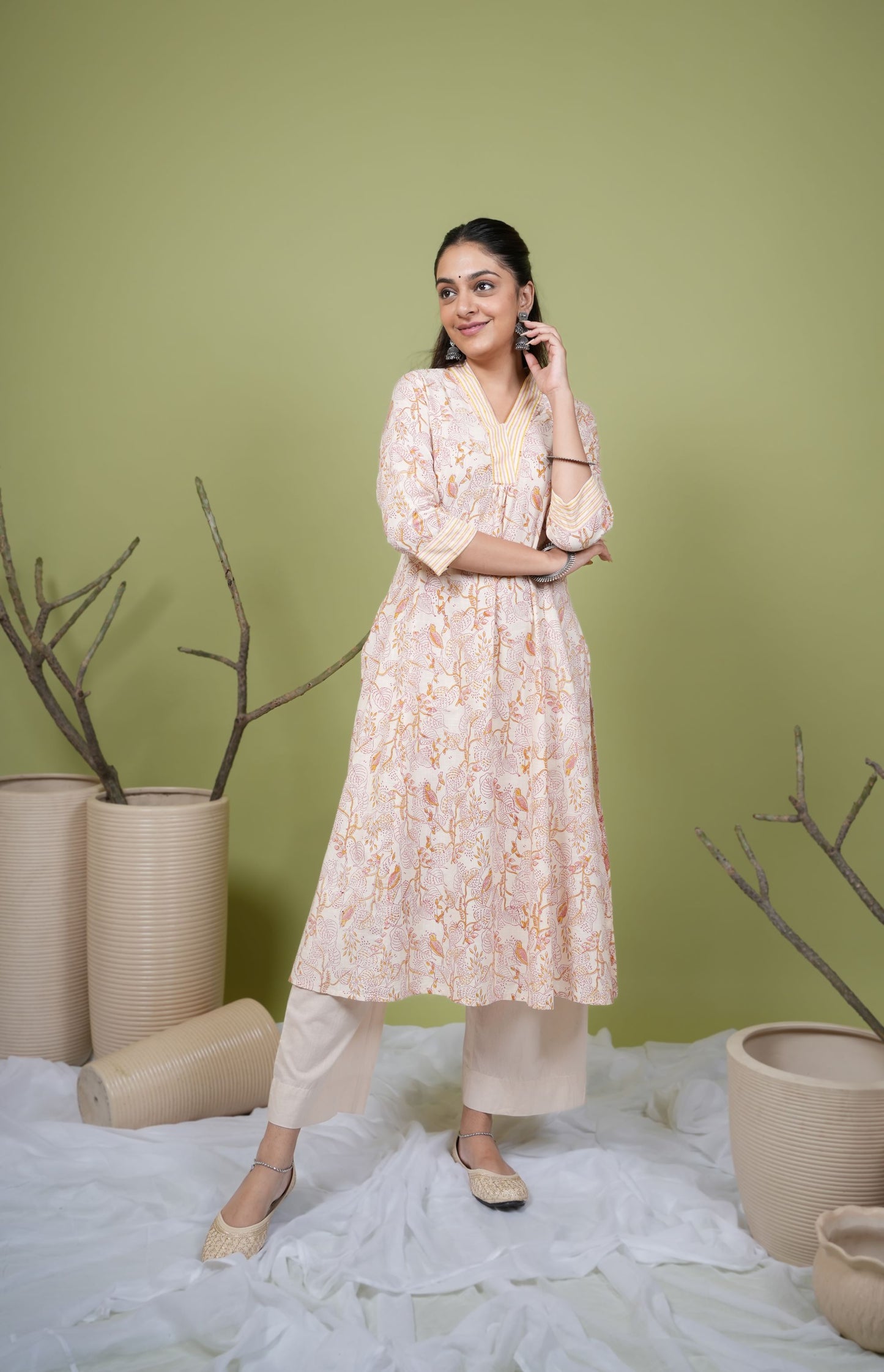 Beige Cotton Handblock Printed Sequence Work V-Neck Women's Kurta