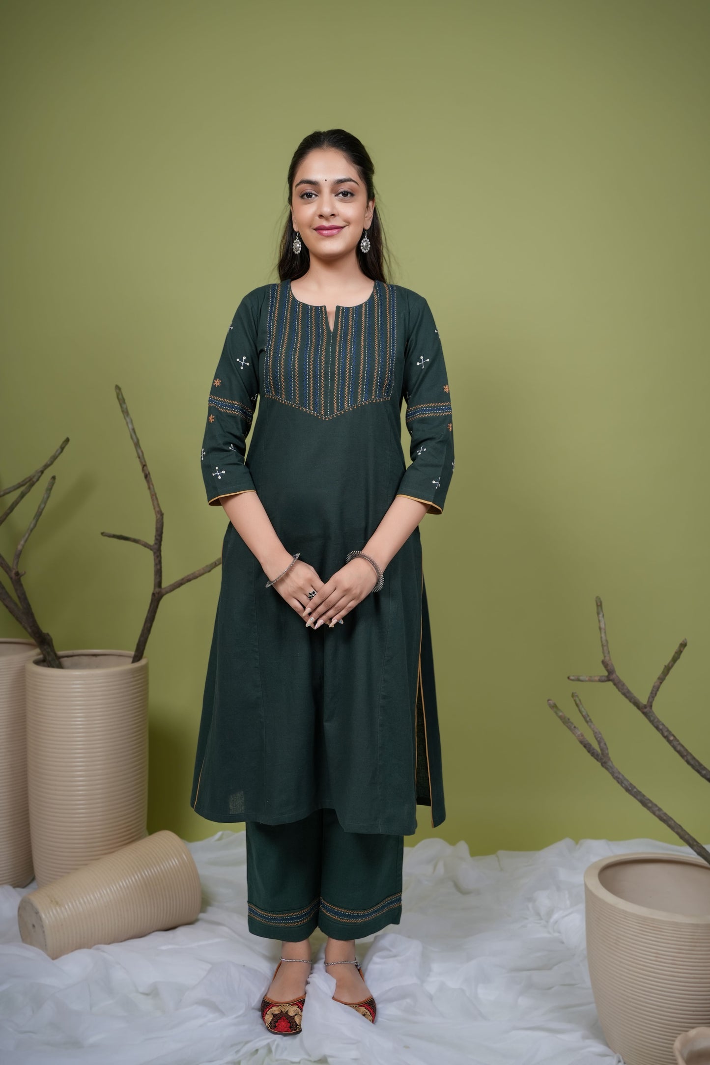 Dark Green Cotton Flex Round With Small Neck Kurta Pant Set For Women's