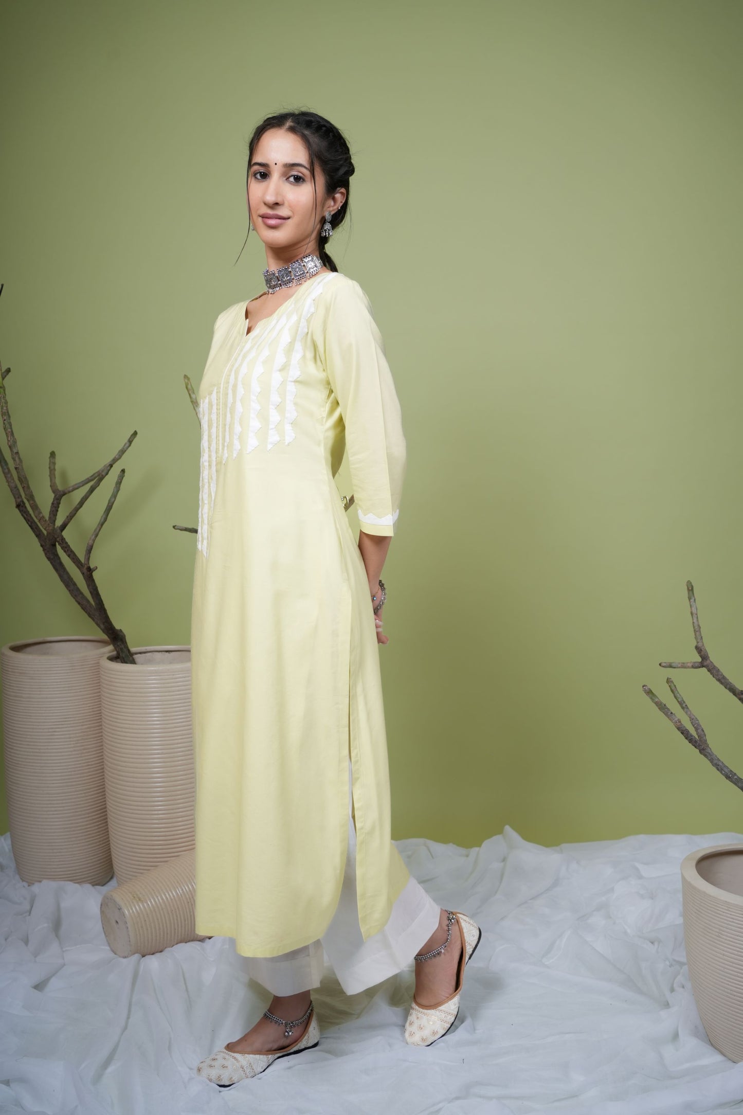 Mint Green Cotton Premium Round With Small V-Neck Kurta For Women's