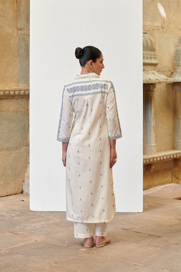White Cotton Handloom Shirt Collar Kurta-Pant Set for Women's