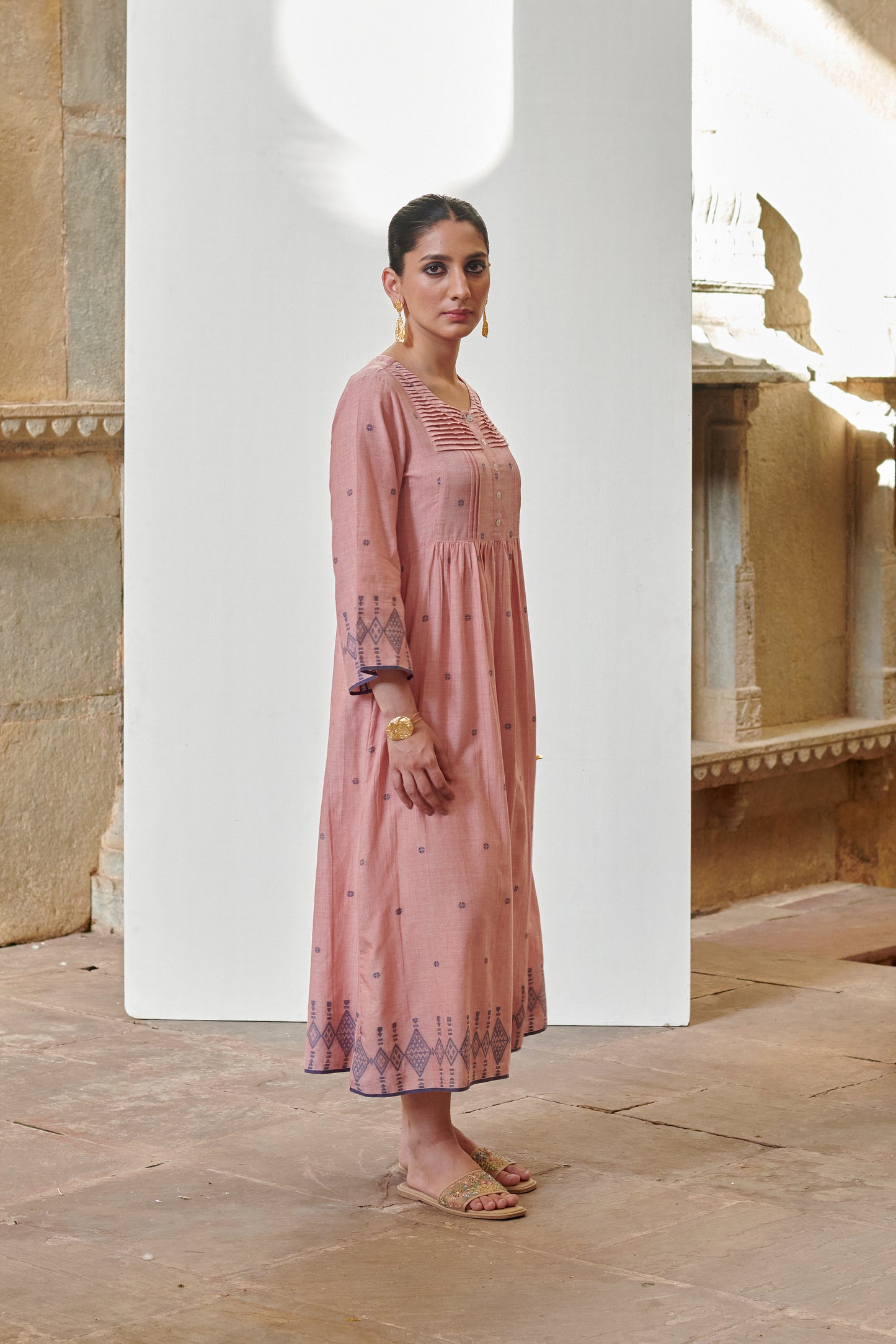 Pink Cotton Handloom Round Dress For Women's