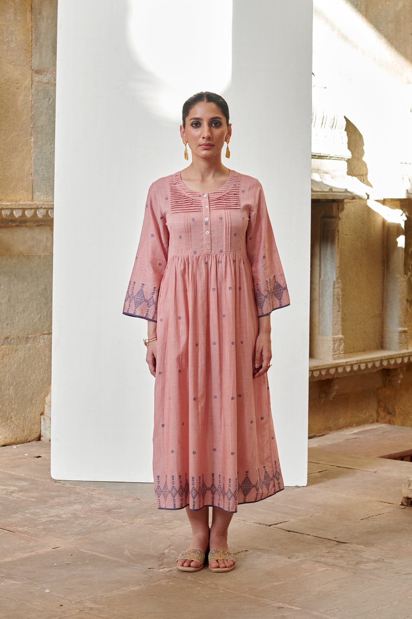 Pink Cotton Handloom Round Dress For Women's