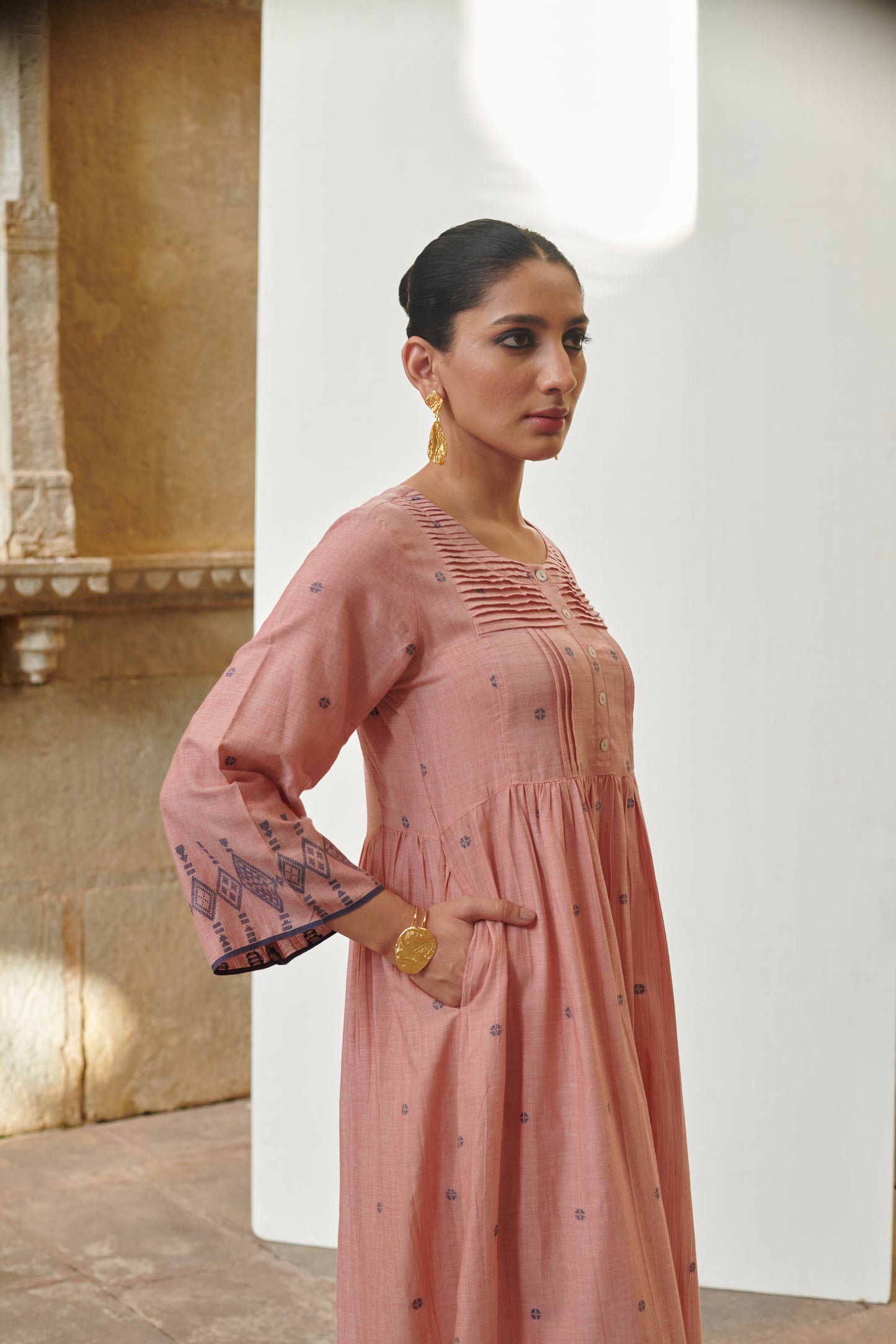 Pink Cotton Handloom Round Dress For Women's