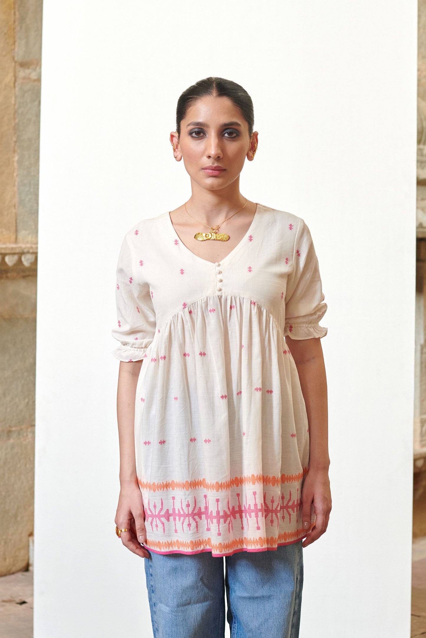 Off White Cotton Handloom V-Neck Short Top For Women's