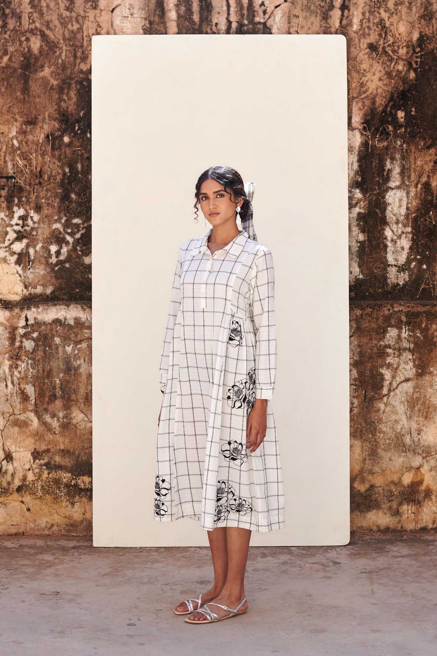 White Cotton Handloom Check Dress For Women's
