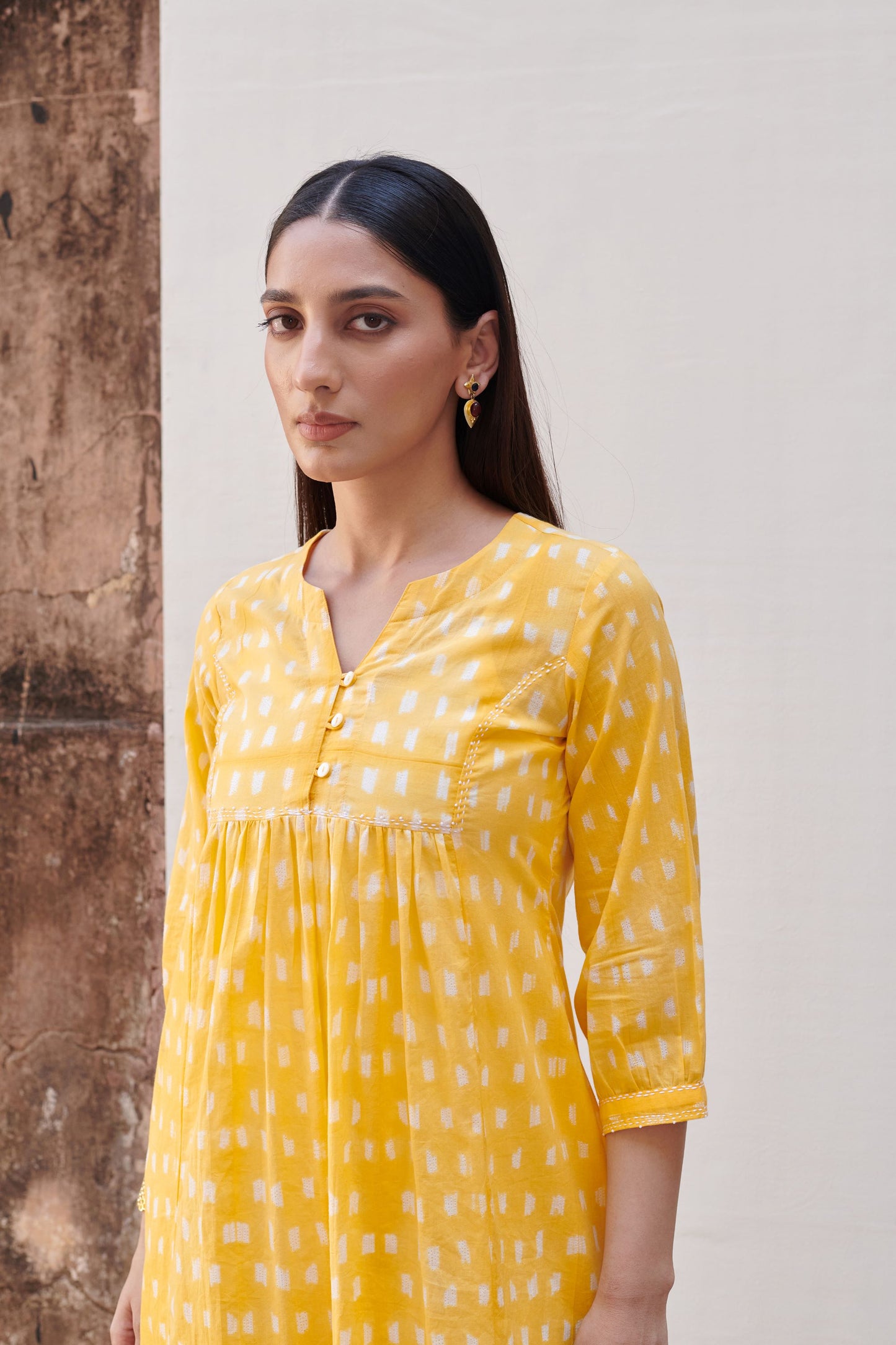 Yellow Cotton Round Neck Hand Done Shibori A-Line Kurta For Women's
