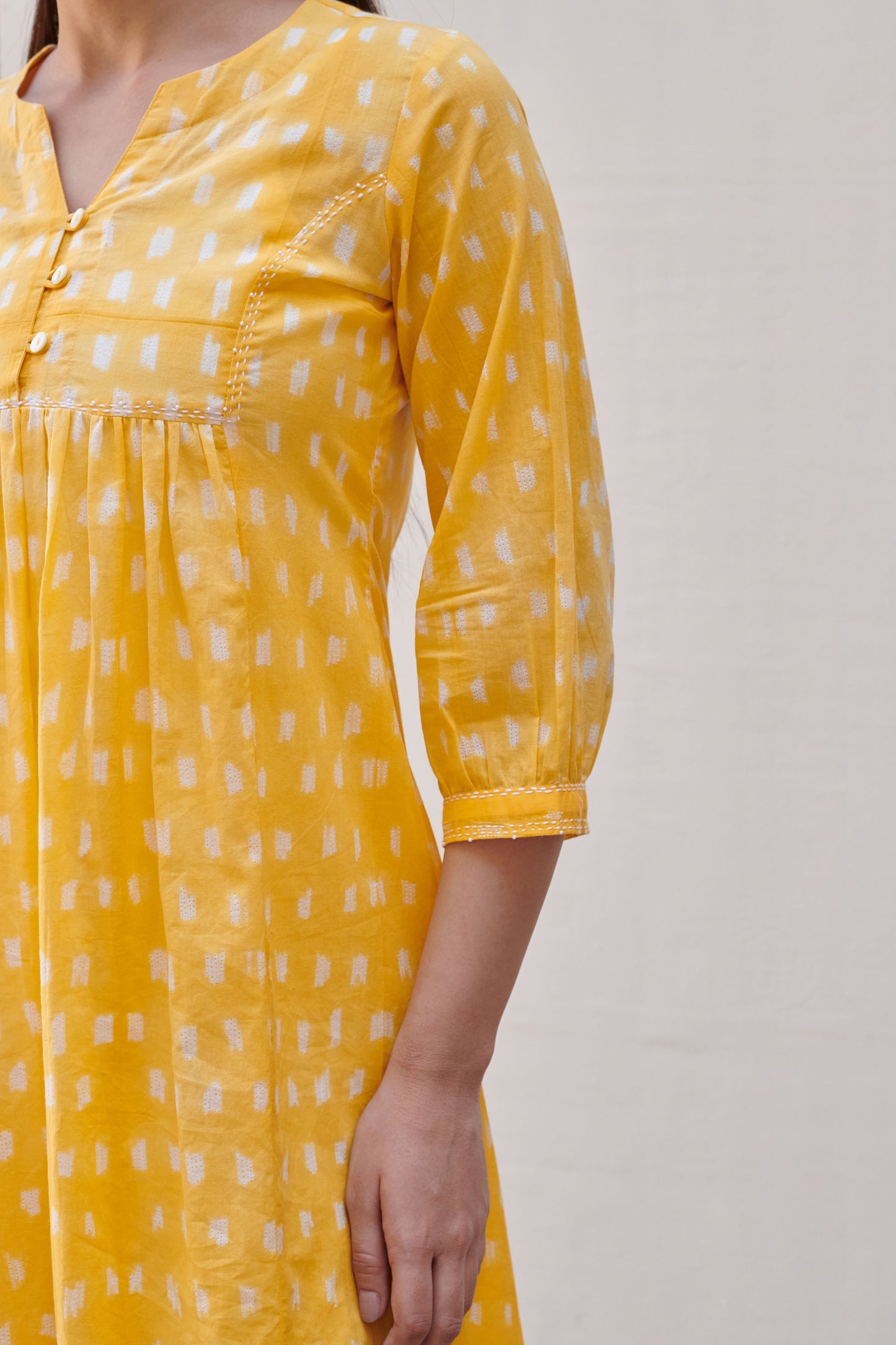 Yellow Cotton Round Neck Hand Done Shibori A-Line Kurta For Women's