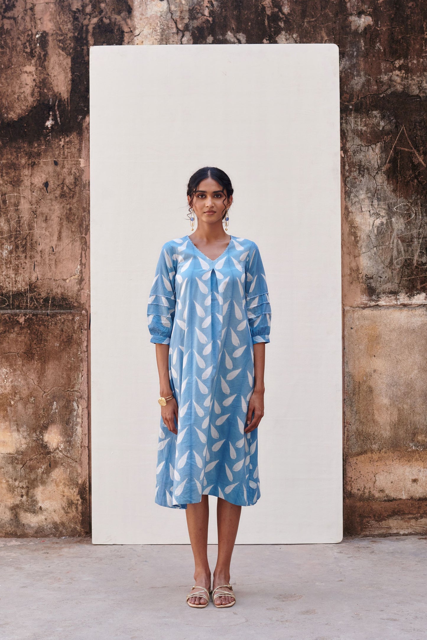 Cotton Blue Shibori Print V-Neck Dress For Women's