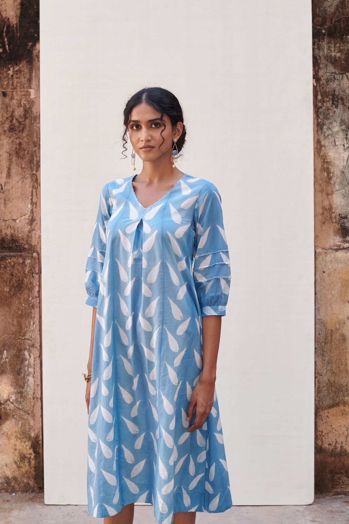 Cotton Blue Shibori Print V-Neck Dress For Women's