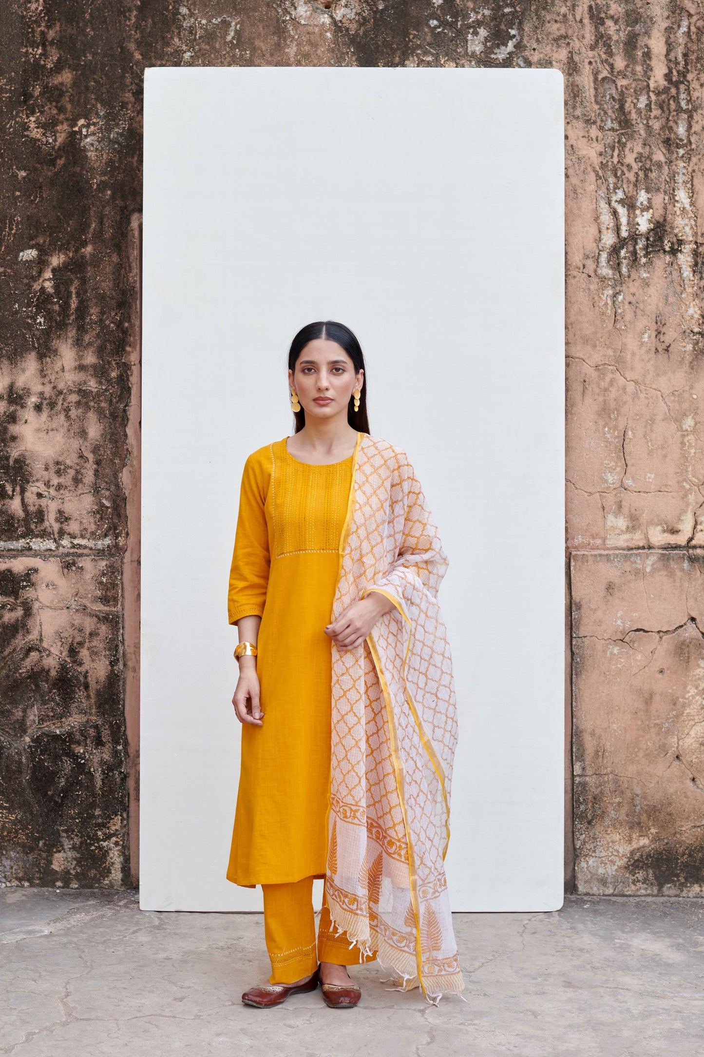 Mustard Yellow Cotton Slub Round Neck Kurta Pant Set For Women's