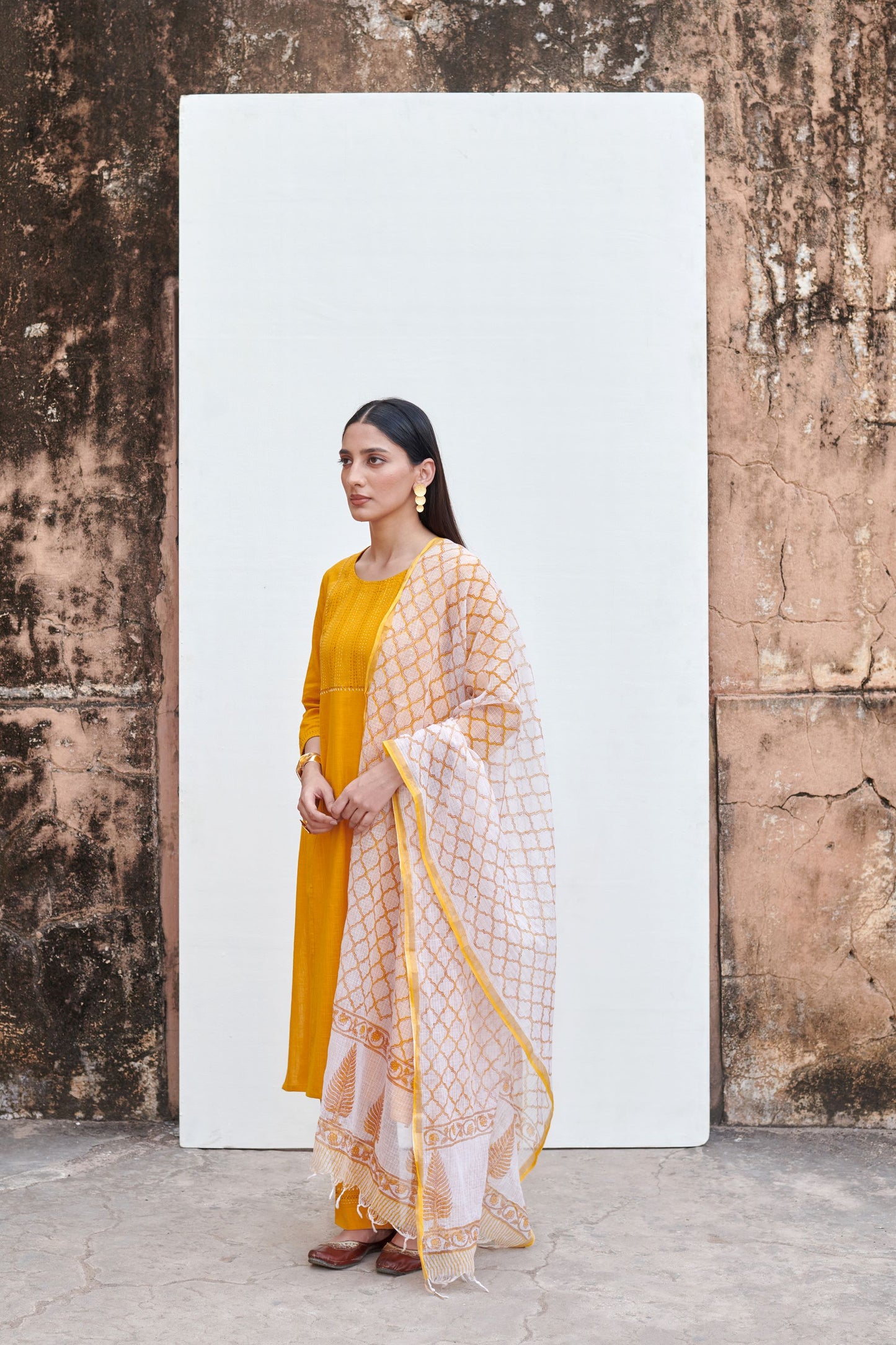 Mustard Yellow Cotton Slub Round Neck Kurta Pant Set For Women's